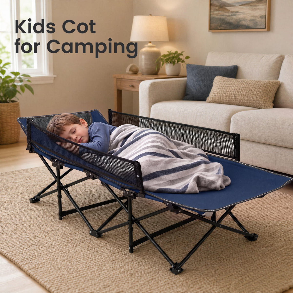 Portable Travel Toddler Cot Bed with Guardrail for Outdoor Indoor-Navy-Camping Furniture-DECOROLALA