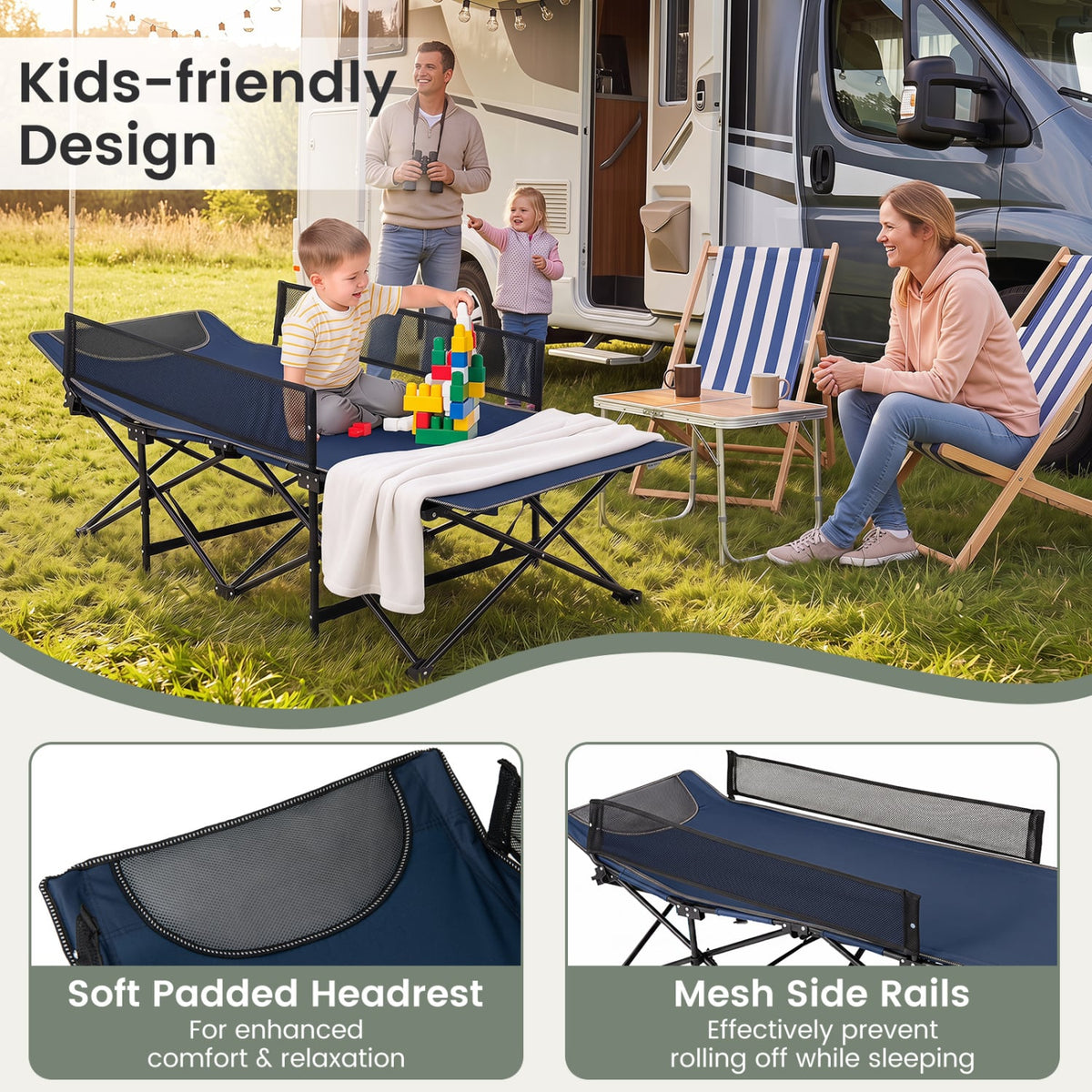 Portable Travel Toddler Cot Bed with Guardrail for Outdoor Indoor-Navy-Camping Furniture-DECOROLALA