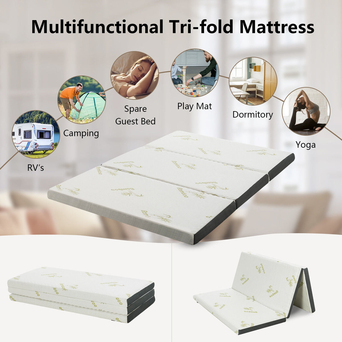 Portable Tri-fold Memory Foam Floor Mattress Topper Portable with Carrying Bag-L-Mattresses-DECOROLALA