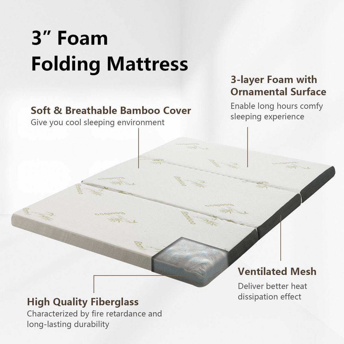 Portable Tri-fold Memory Foam Floor Mattress Topper Portable with Carrying Bag-L-Mattresses-DECOROLALA