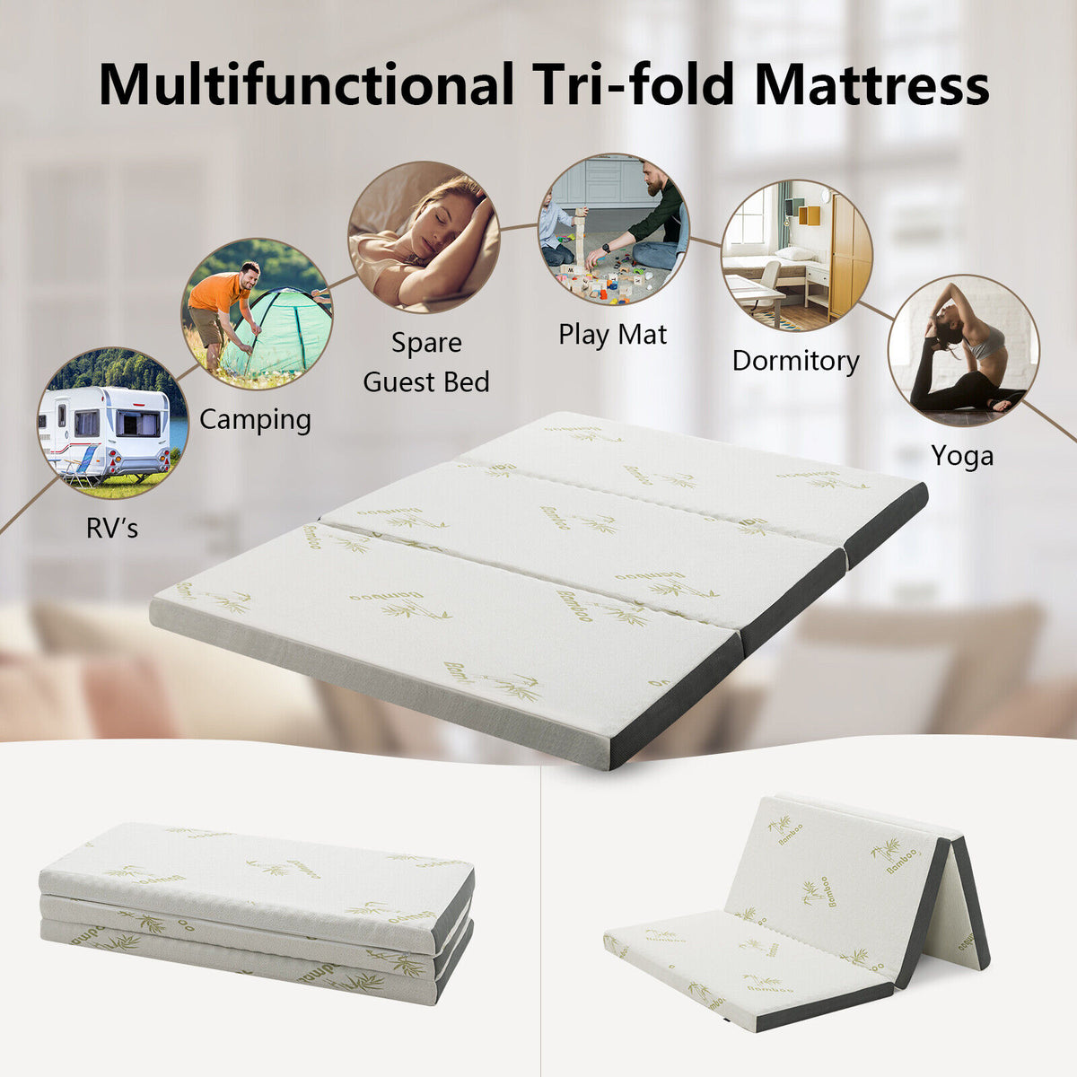 Portable Tri-fold Memory Foam Floor Mattress Topper Portable with Carrying Bag-M-Mattresses-DECOROLALA