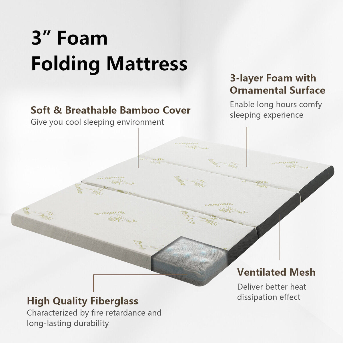 Portable Tri-fold Memory Foam Floor Mattress Topper Portable with Carrying Bag-M-Mattresses-DECOROLALA