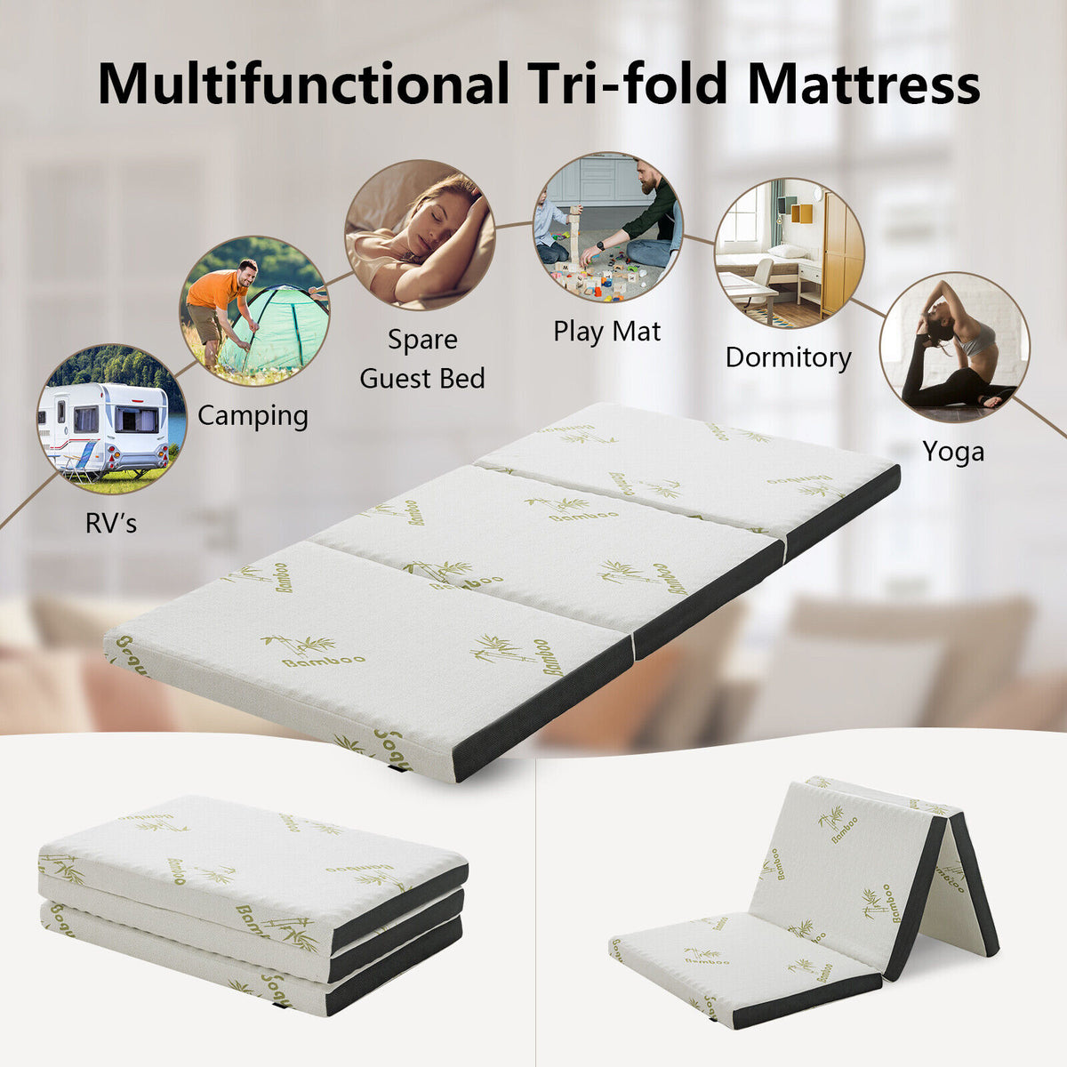 Portable Tri-fold Memory Foam Floor Mattress Topper Portable with Carrying Bag-S-Mattresses-DECOROLALA