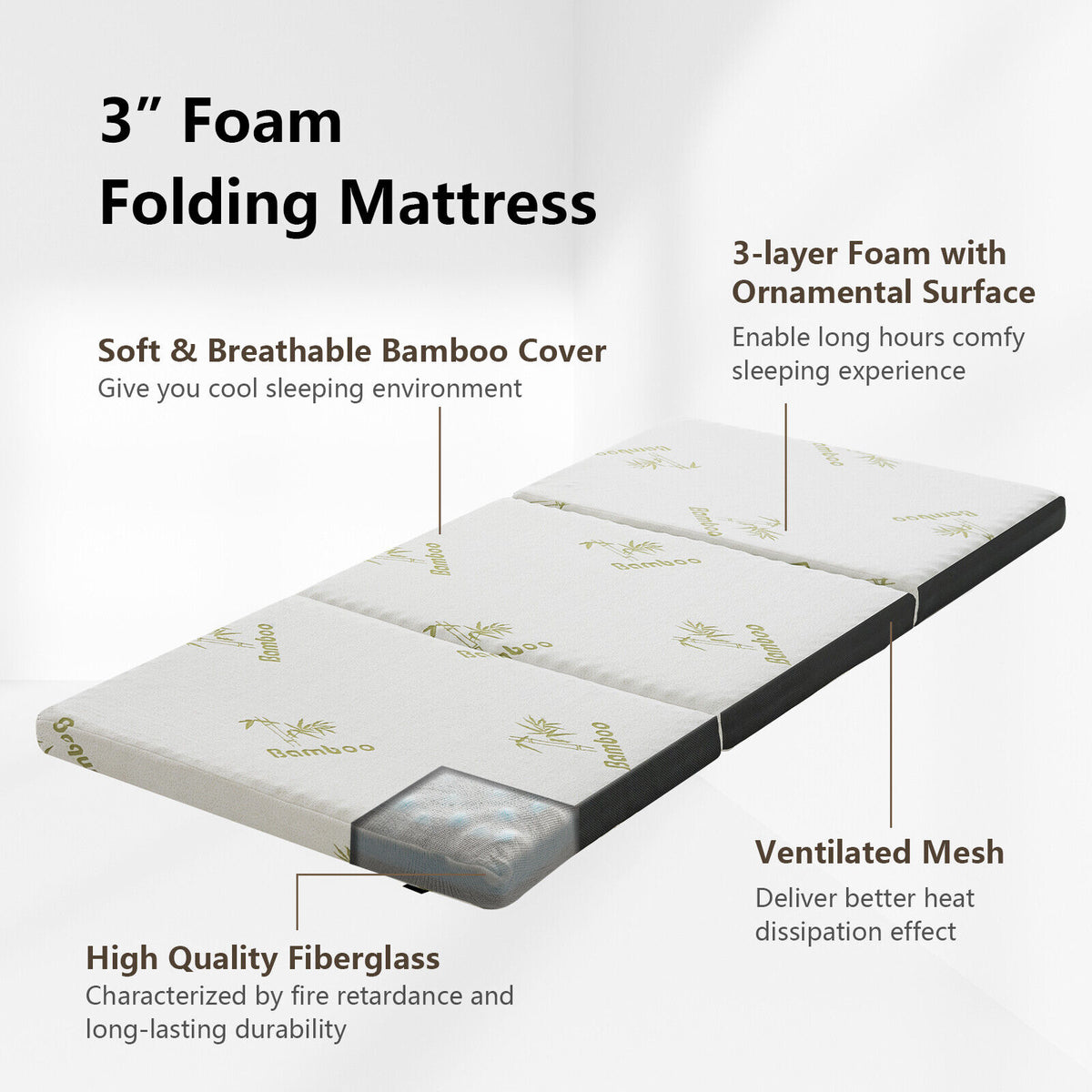 Portable Tri-fold Memory Foam Floor Mattress Topper Portable with Carrying Bag-S-Mattresses-DECOROLALA