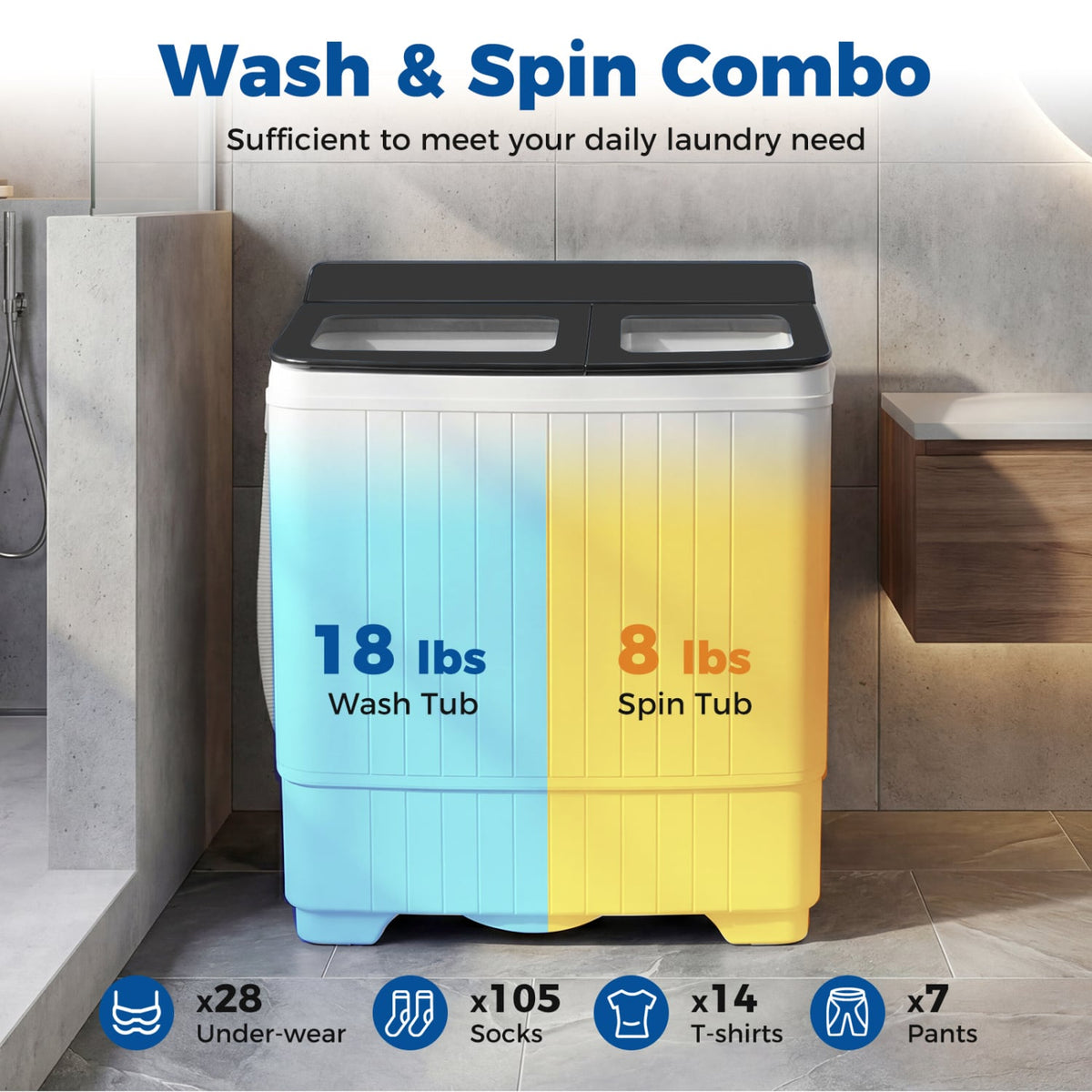 Portable Washing Machine with 18 LBS Washer and 8 LBS Spinner Combo-Gray-Washing Machines-DECOROLALA