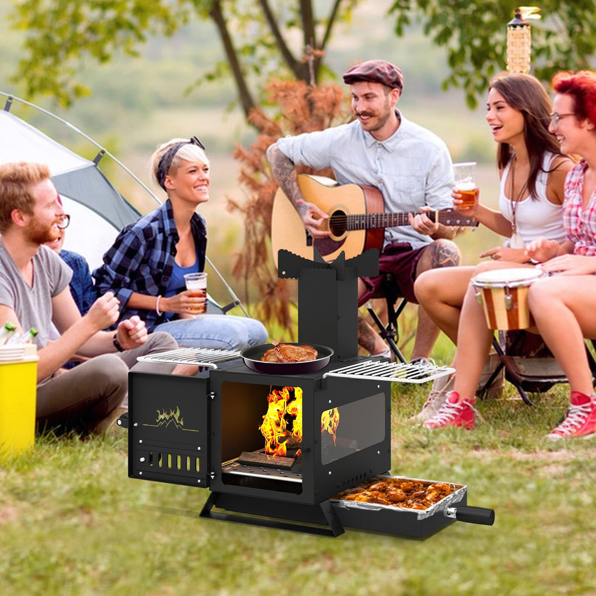 Portable Wood Burning Stove Mini Heater Burner with Pot Rack Oven Pan-Black-Fire Pits-DECOROLALA