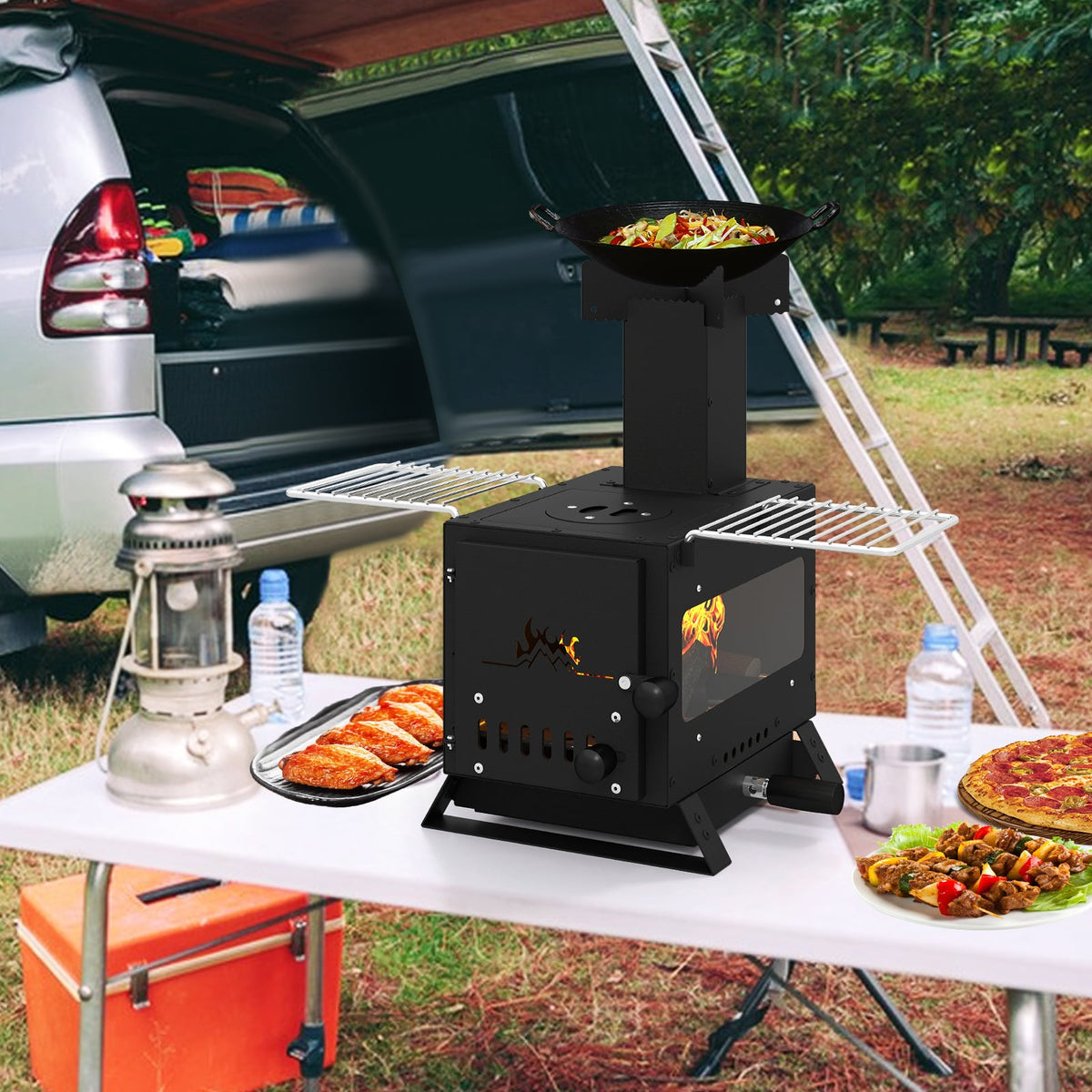 Portable Wood Burning Stove Mini Heater Burner with Pot Rack Oven Pan-Black-Fire Pits-DECOROLALA