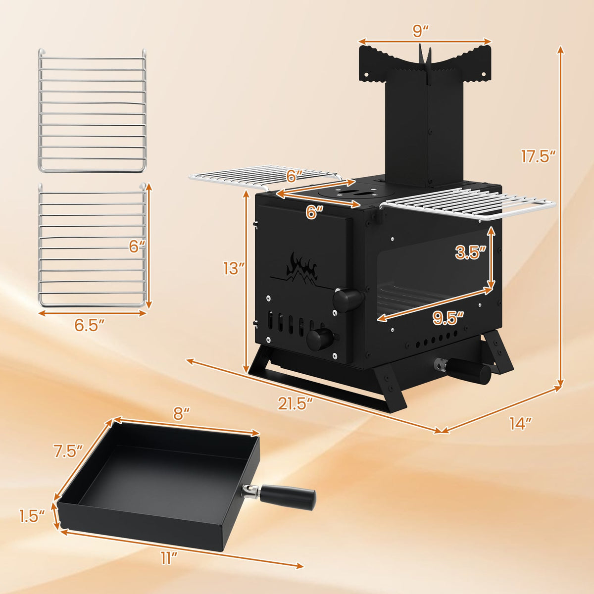 Portable Wood Burning Stove Mini Heater Burner with Pot Rack Oven Pan-Black-Fire Pits-DECOROLALA