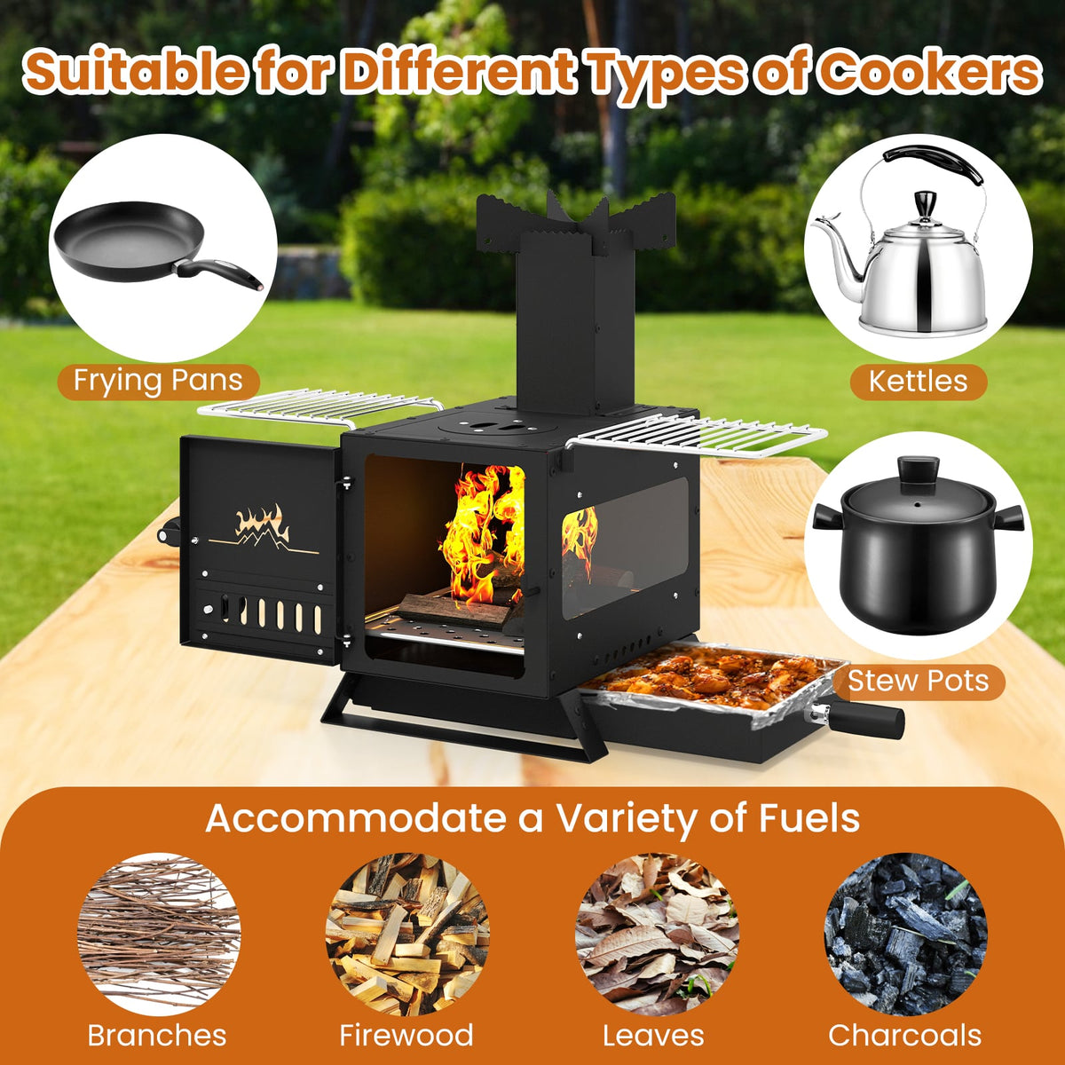 Portable Wood Burning Stove Mini Heater Burner with Pot Rack Oven Pan-Black-Fire Pits-DECOROLALA