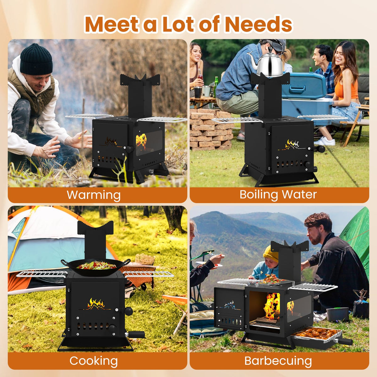 Portable Wood Burning Stove Mini Heater Burner with Pot Rack Oven Pan-Black-Fire Pits-DECOROLALA