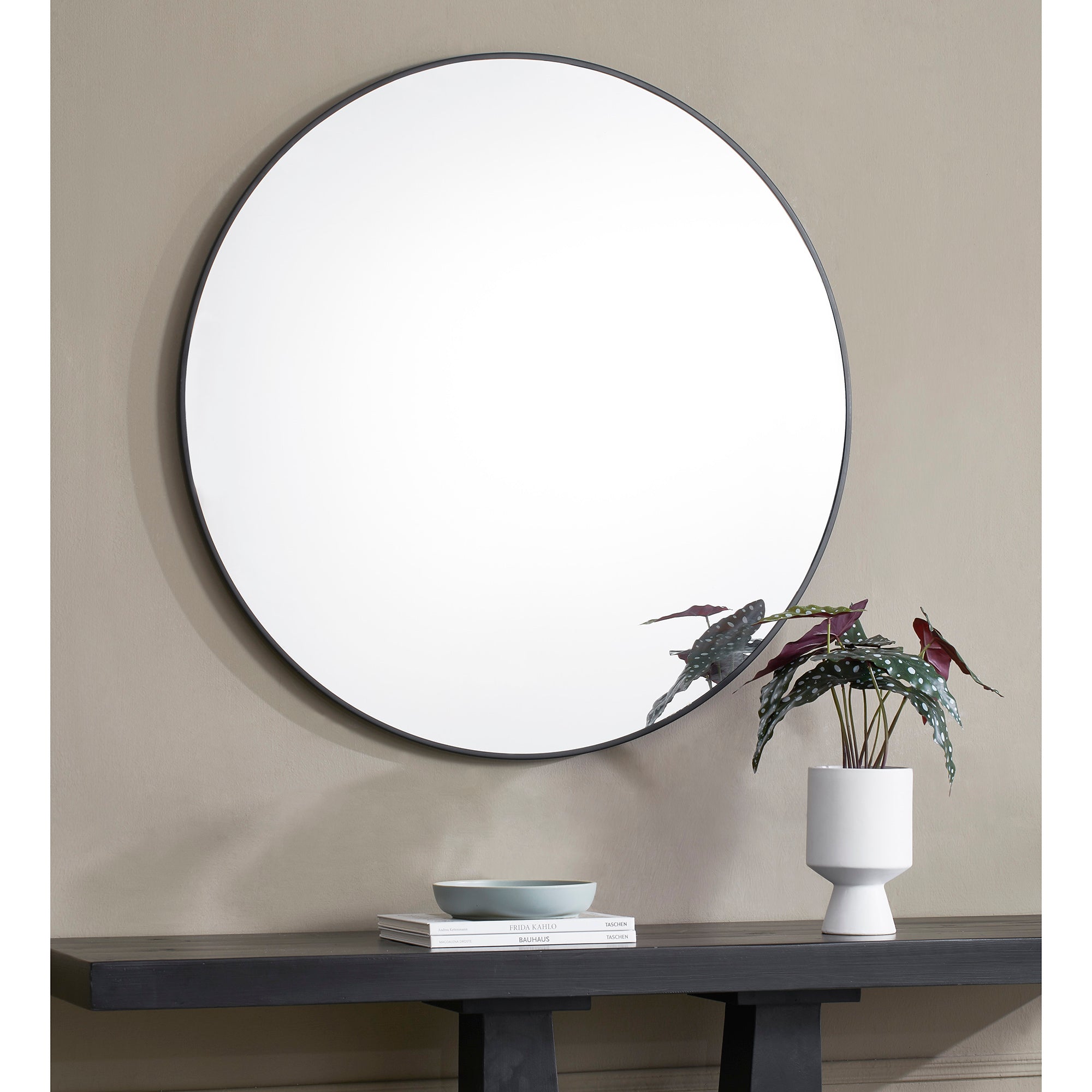 Posadas 36" Tall Round Wall Mirror, Black-Mirror-DECOROLALA