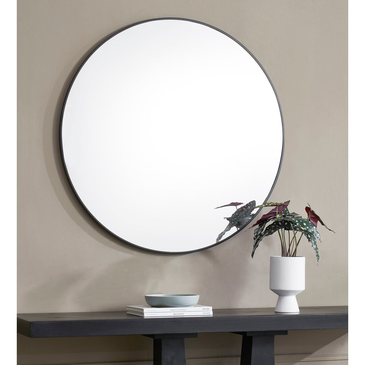 Posadas 36" Tall Round Wall Mirror, Black-Mirrors-DECOROLALA