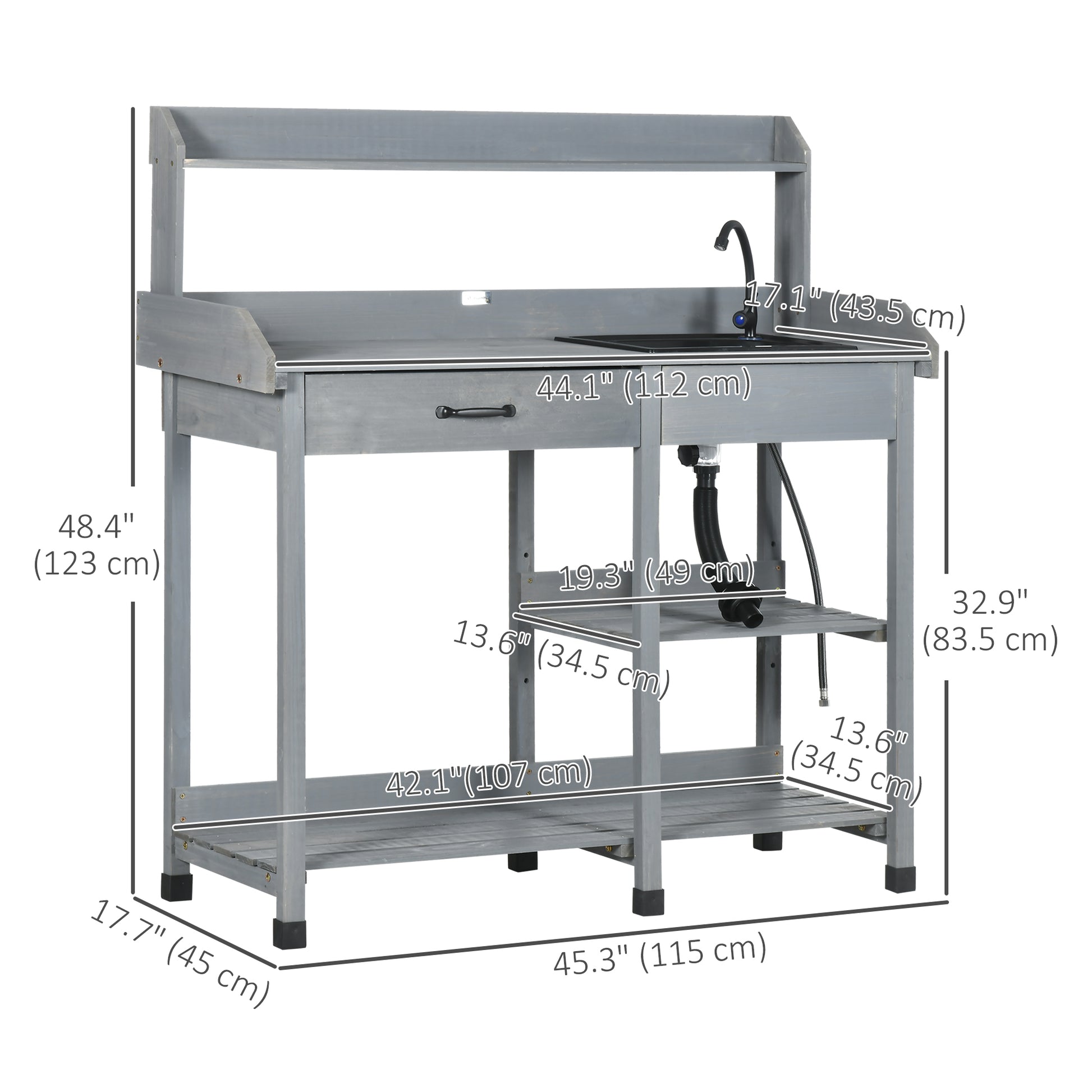 Potting Bench Grey 45.3" x 17.7" x 48.4" with Sink, Drawers-DECOROLALA