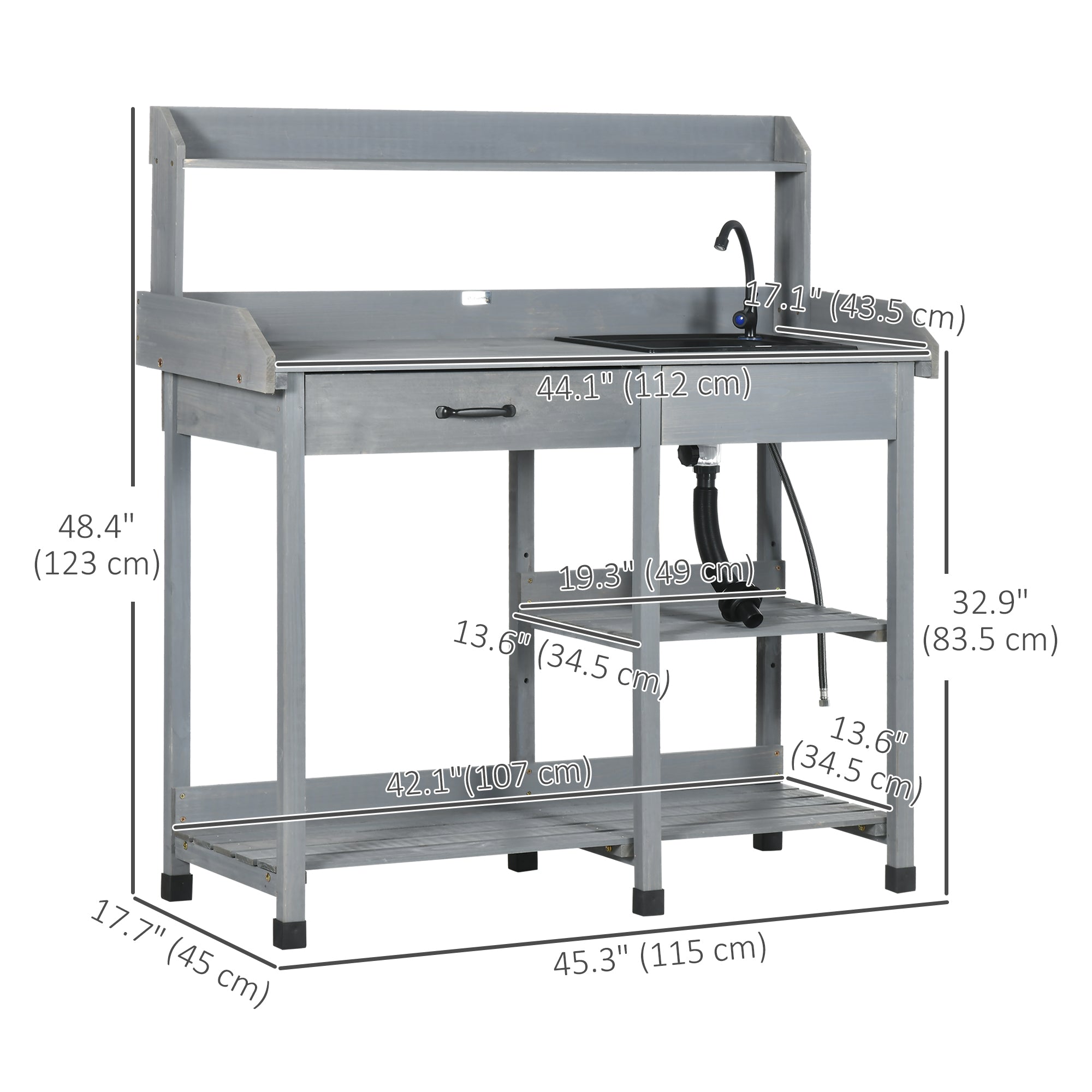 Potting Bench Grey 45.3" x 17.7" x 48.4" with Sink, Drawers-DECOROLALA