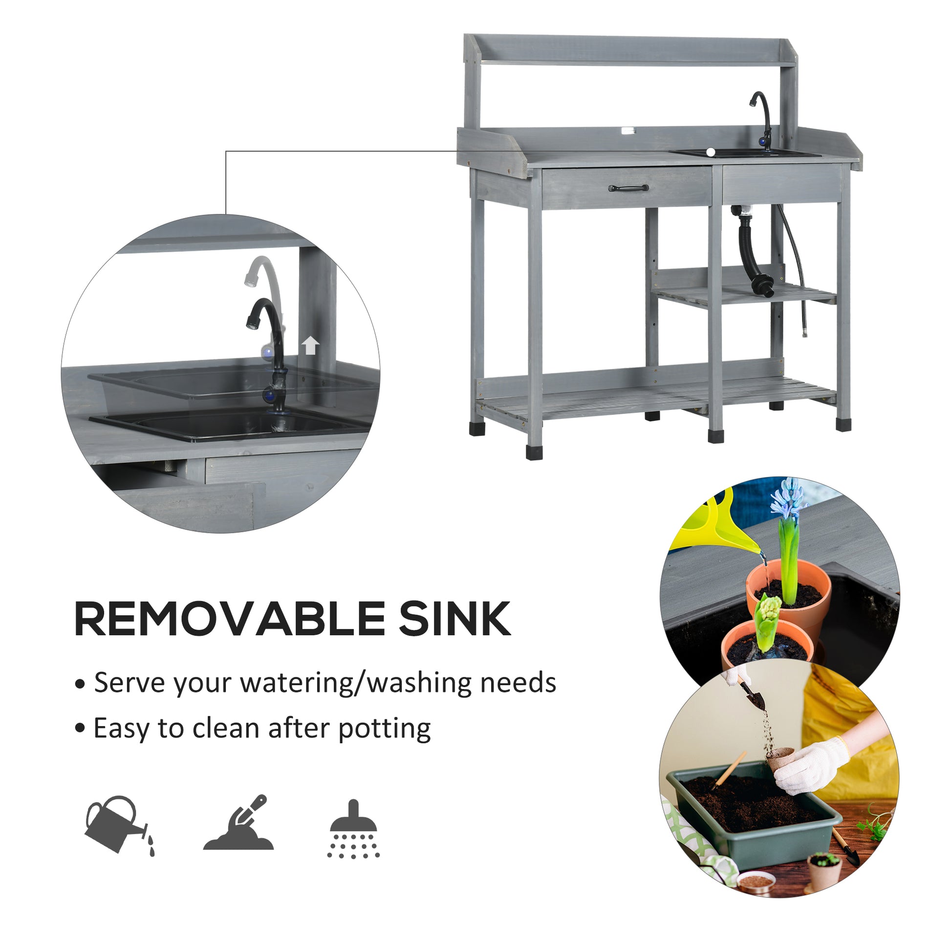 Potting Bench Grey 45.3" x 17.7" x 48.4" with Sink, Drawers-DECOROLALA