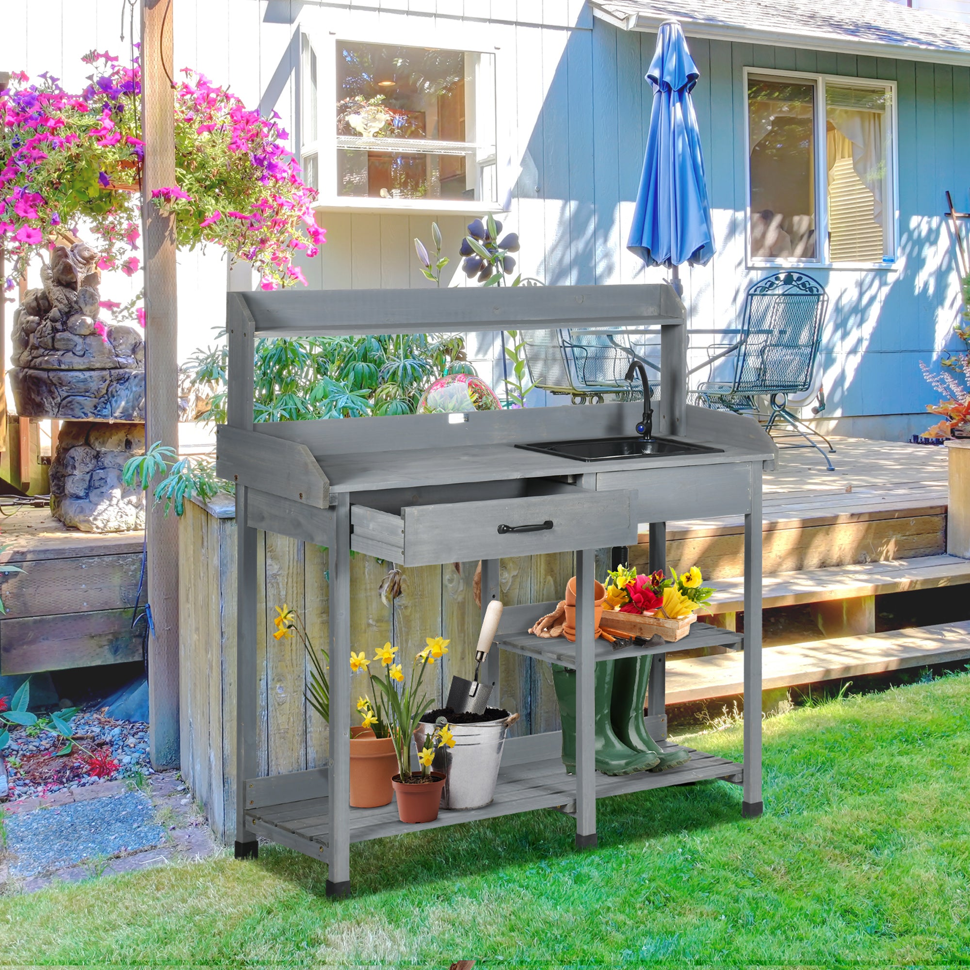 Potting Bench Grey 45.3" x 17.7" x 48.4" with Sink, Drawers-DECOROLALA