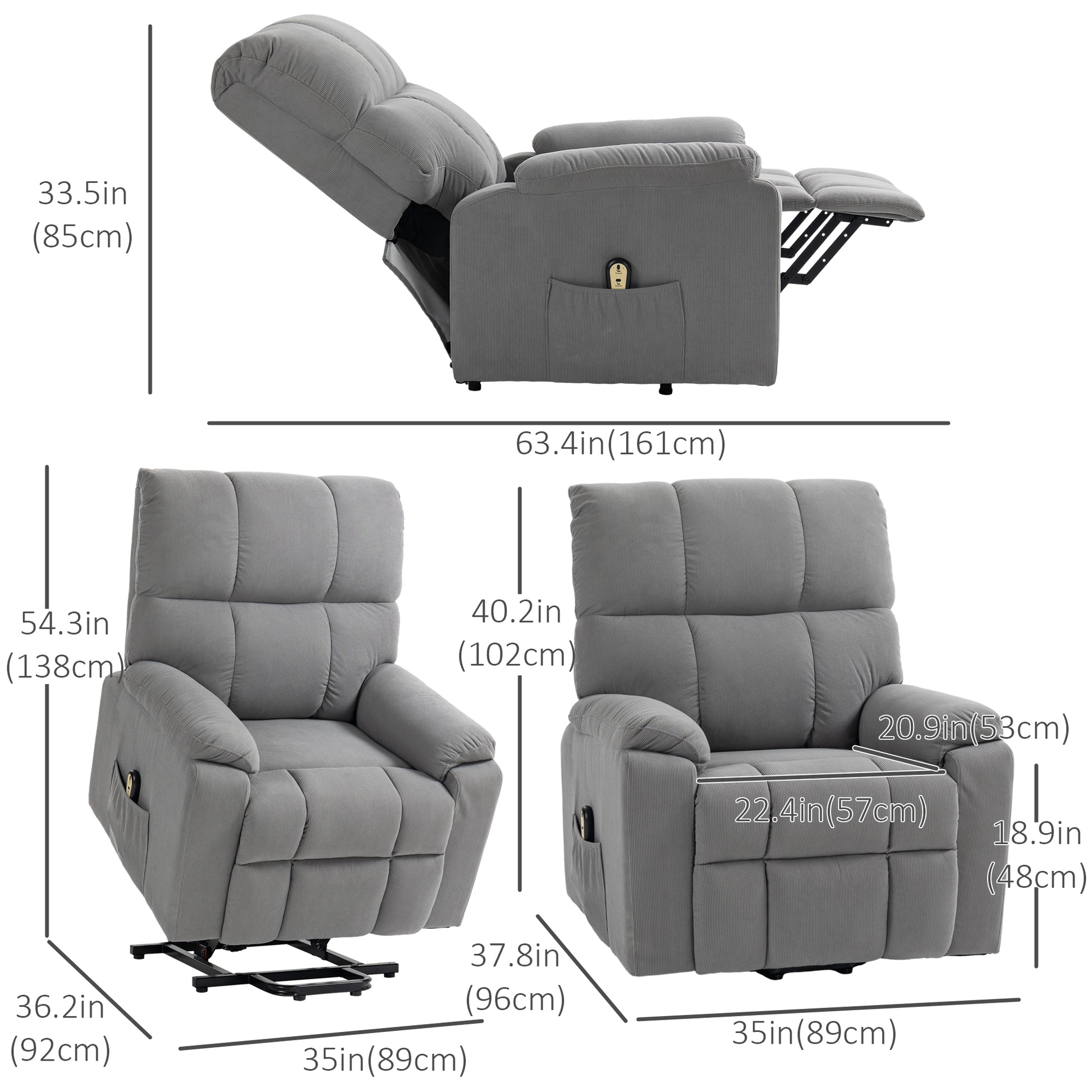 Power Lift Recliner Chair - Grey Corduroy-DECOROLALA