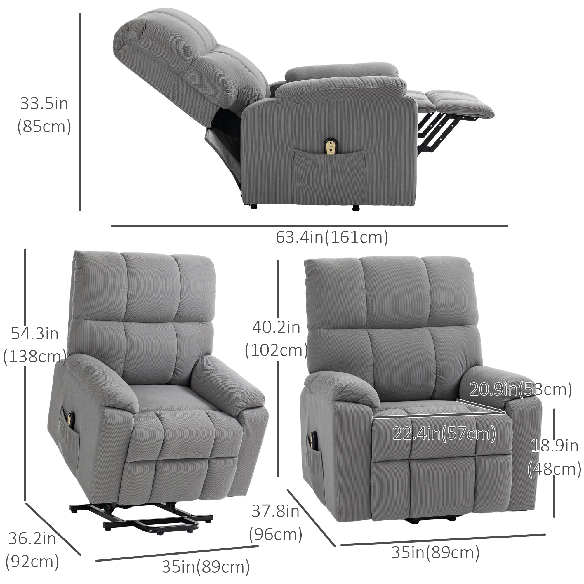 Power Lift Recliner Chair - Grey Corduroy-DECOROLALA