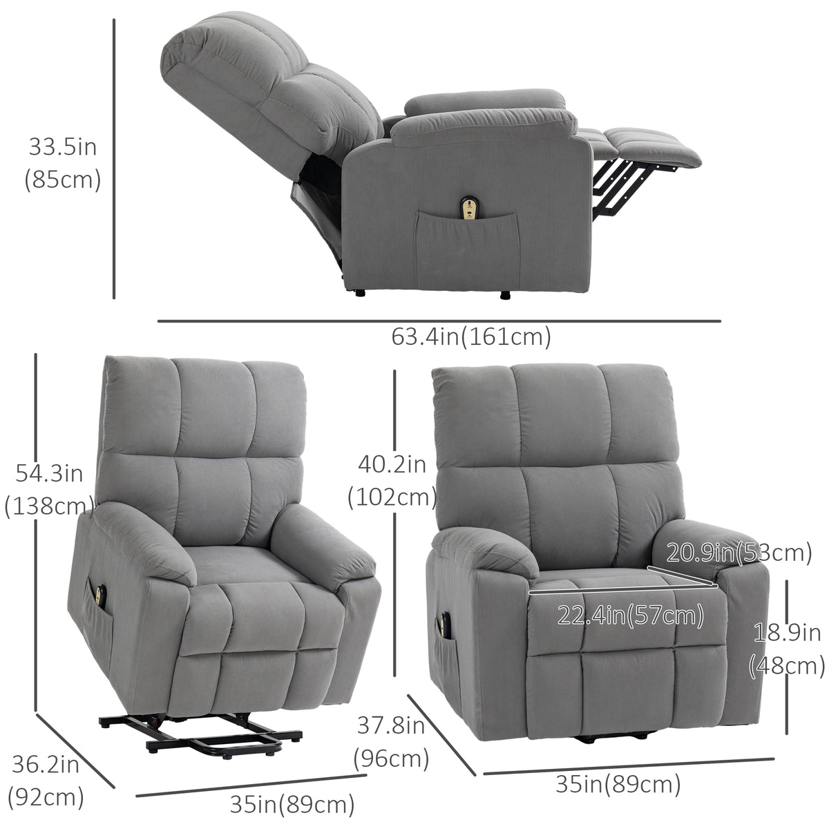 Power Lift Recliner Chair - Grey Corduroy-DECOROLALA