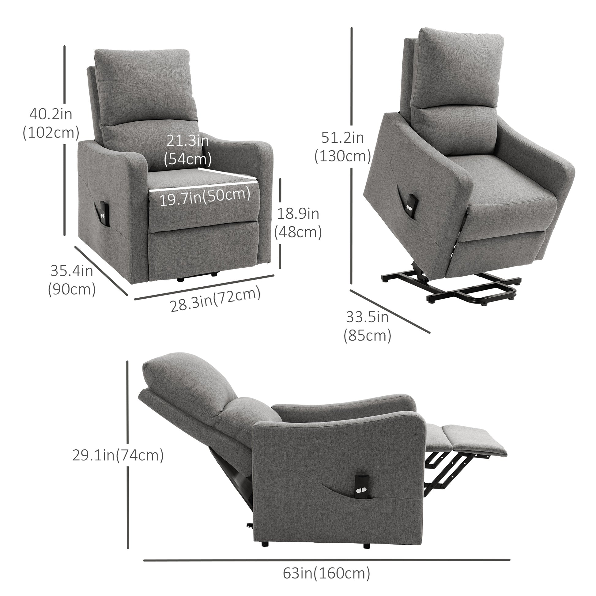 Power Lift Recliner Chair - Grey Fabric Remote Control Sofa with Side Pocket-DECOROLALA