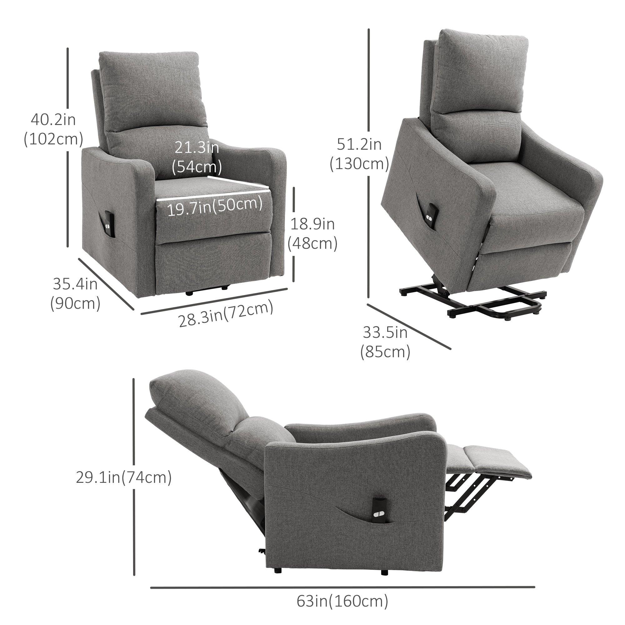 Power Lift Recliner Chair - Grey Fabric Remote Control Sofa with Side Pocket-DECOROLALA
