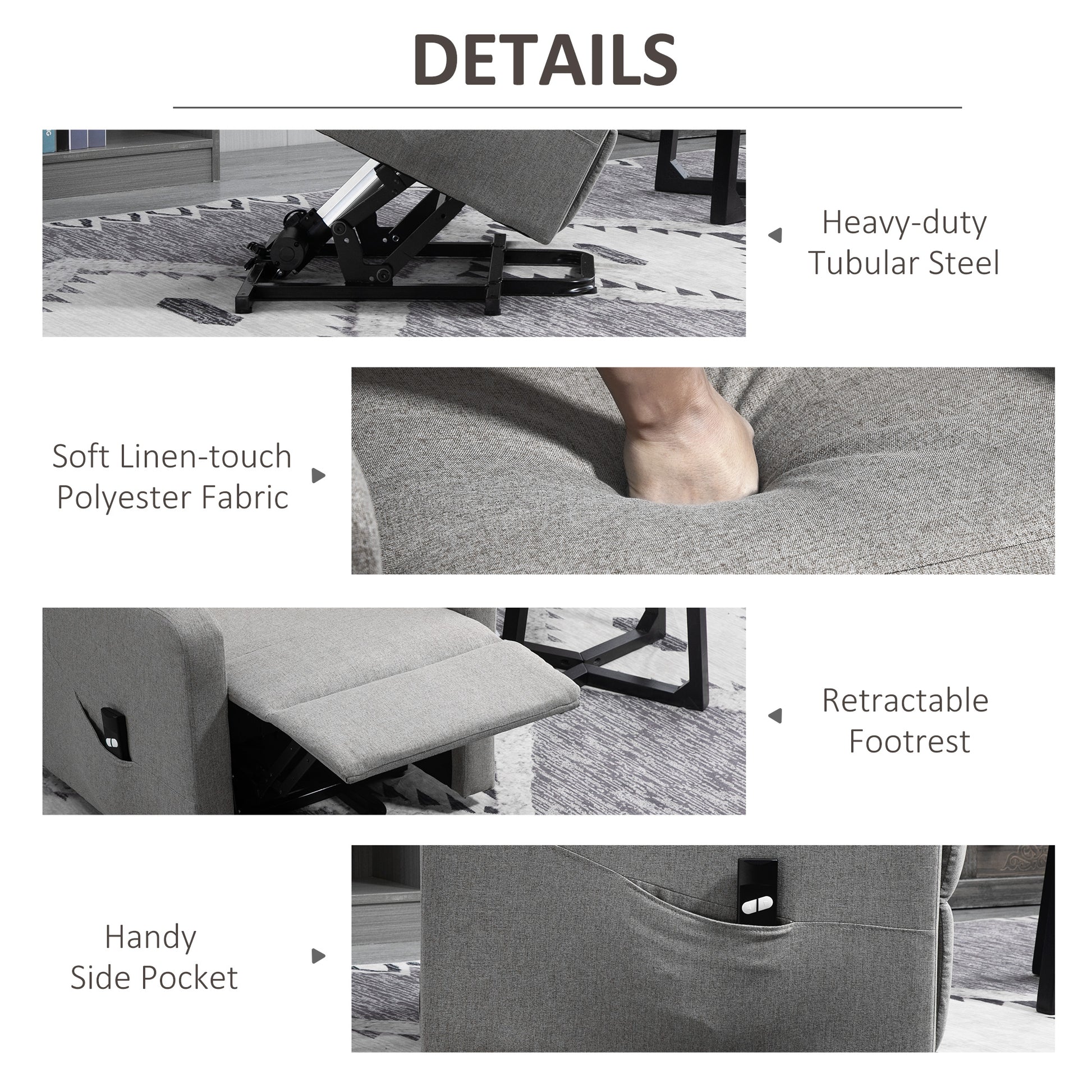 Power Lift Recliner Chair - Grey Fabric Remote Control Sofa with Side Pocket-DECOROLALA