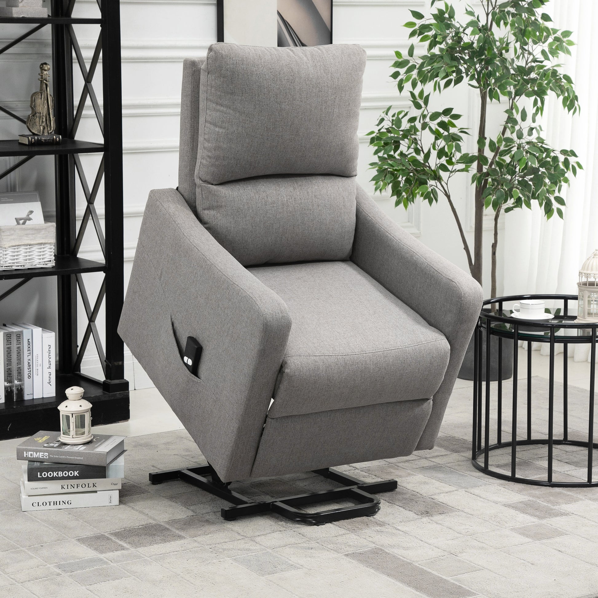 Power Lift Recliner Chair - Grey Fabric Remote Control Sofa with Side Pocket-DECOROLALA