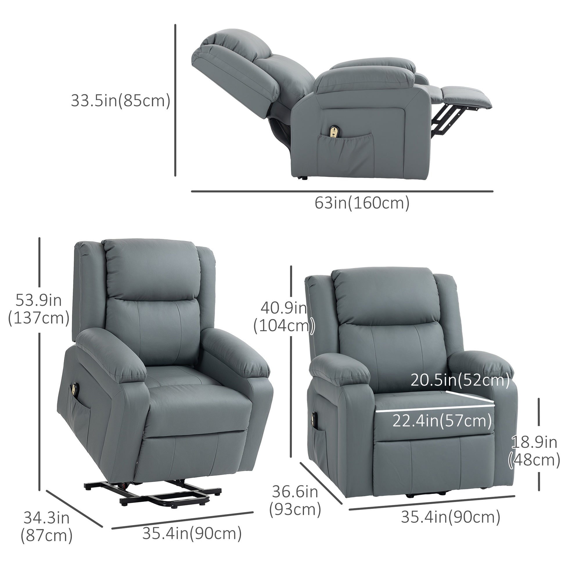 Power Lift Recliner Chair - Grey PU Leather-DECOROLALA