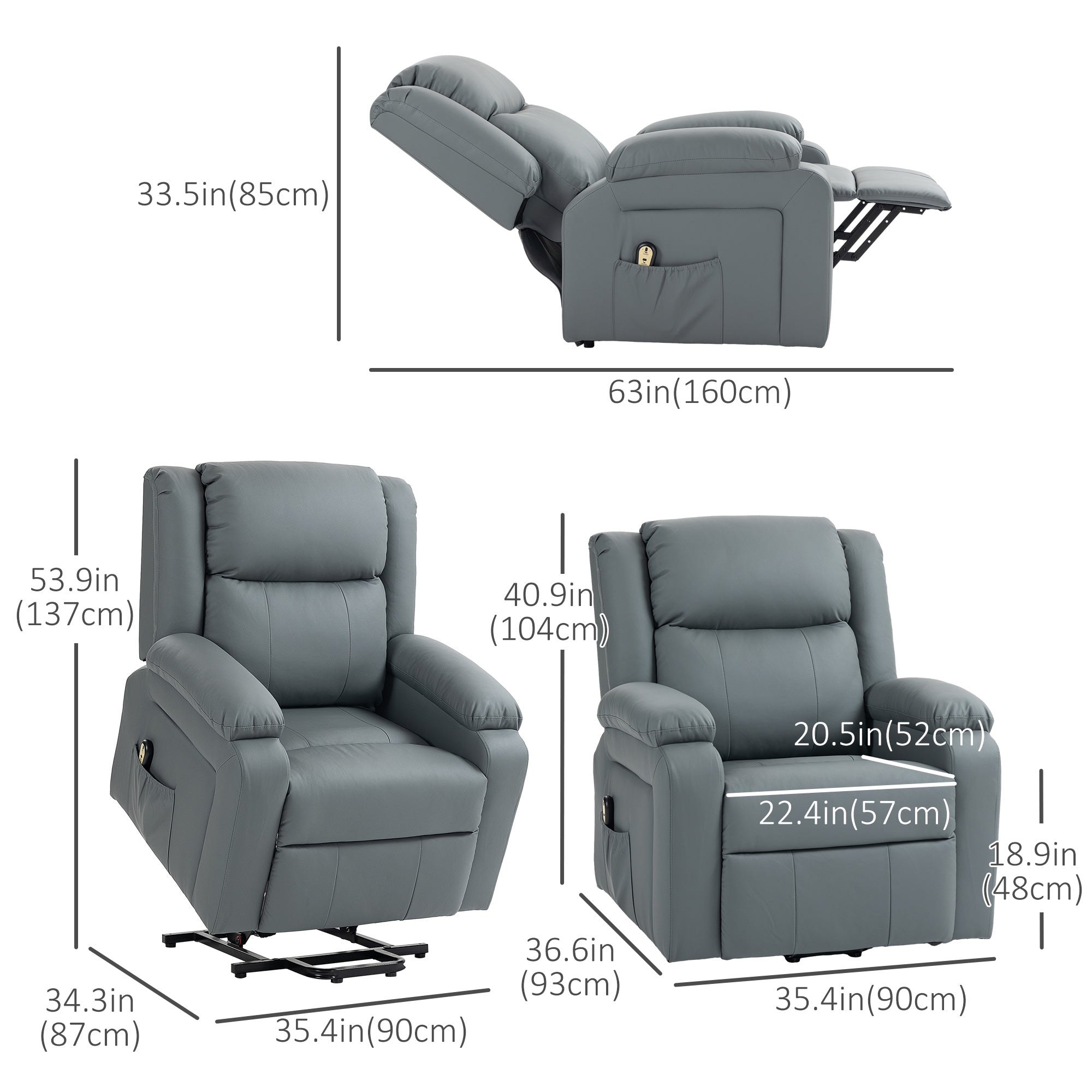 Power Lift Recliner Chair - Grey PU Leather-DECOROLALA