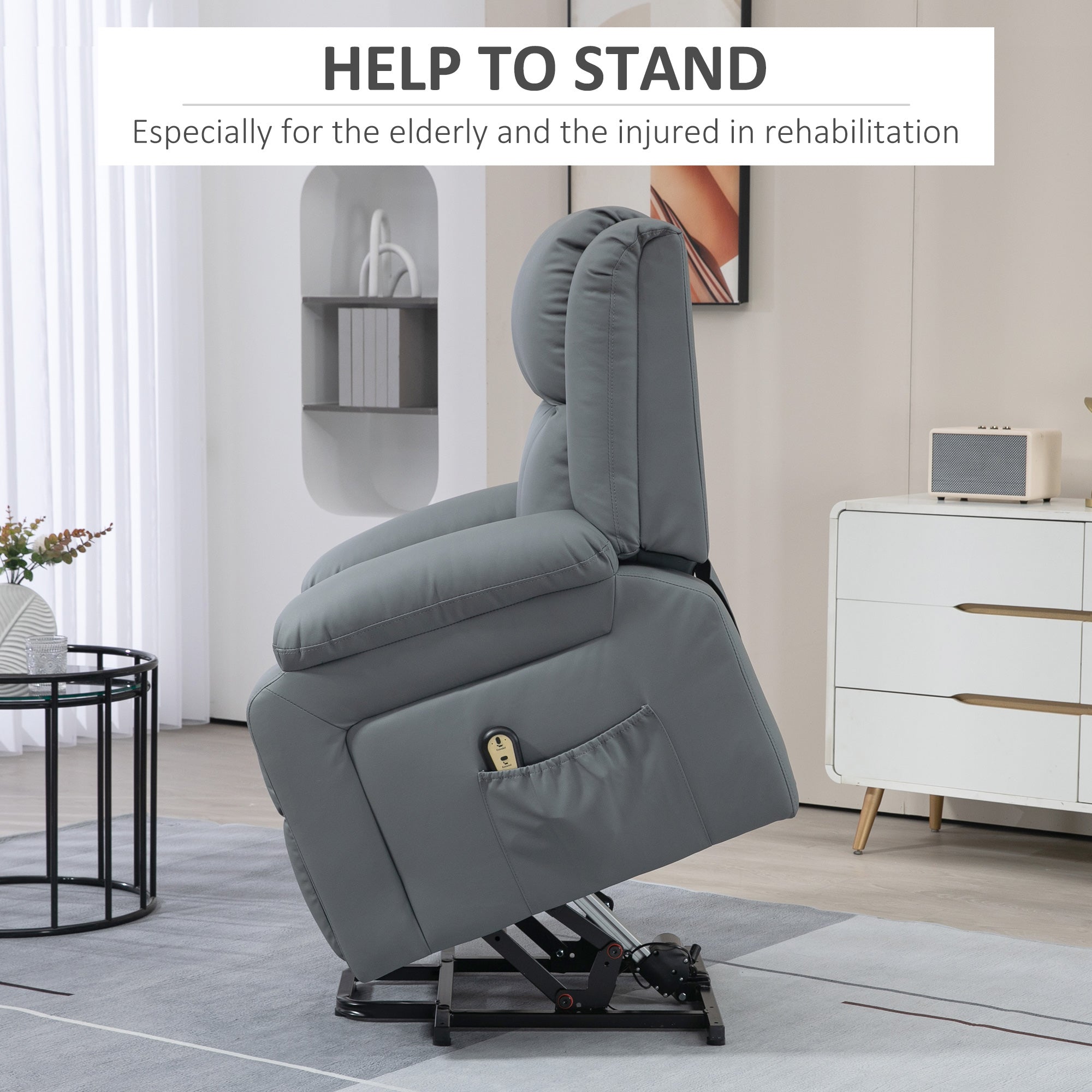 Power Lift Recliner Chair - Grey PU Leather-DECOROLALA