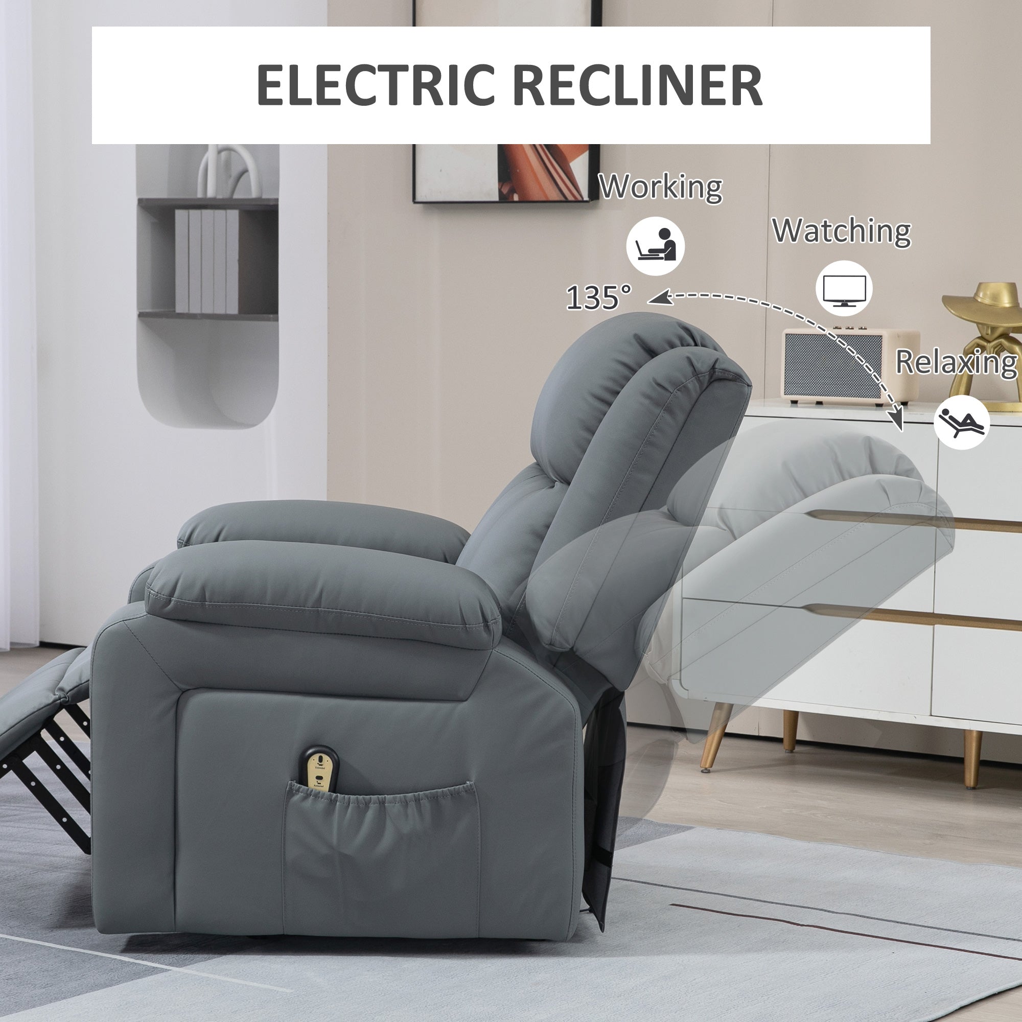 Power Lift Recliner Chair - Grey PU Leather-DECOROLALA