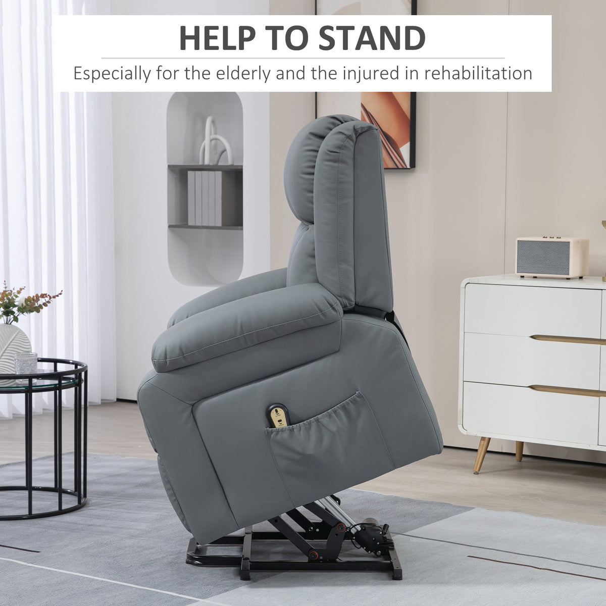 Power Lift Recliner Chair - Grey PU Leather-DECOROLALA