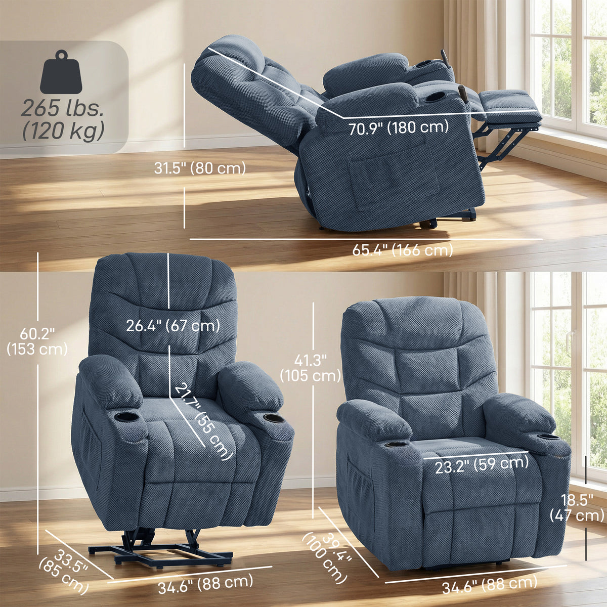 Power Lift Recliner Chair - Massage Blue-DECOROLALA