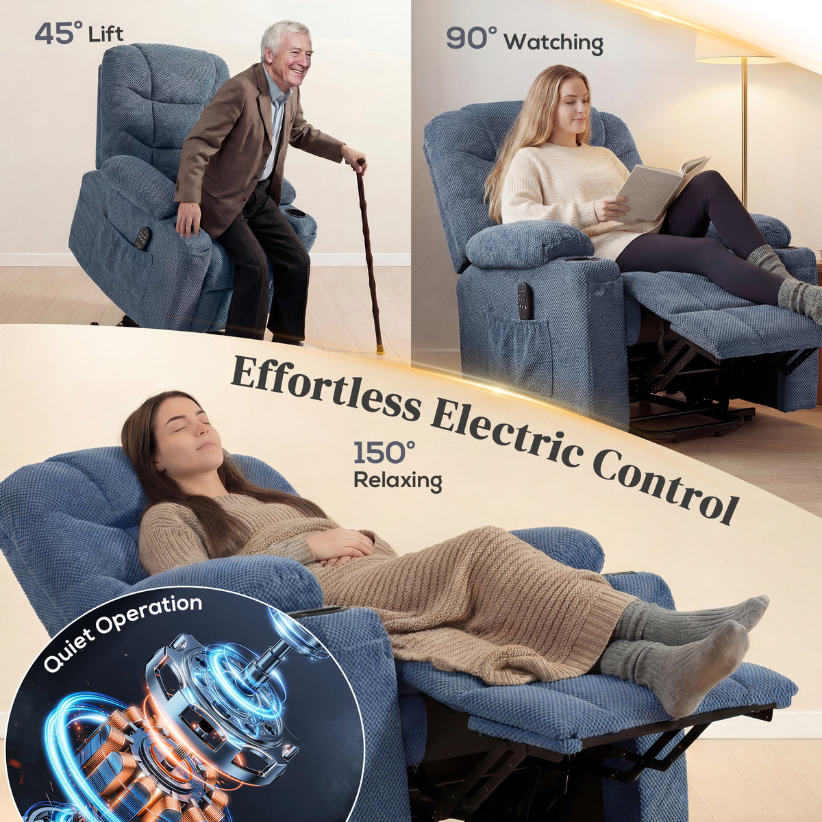 Power Lift Recliner Chair - Massage Blue-DECOROLALA