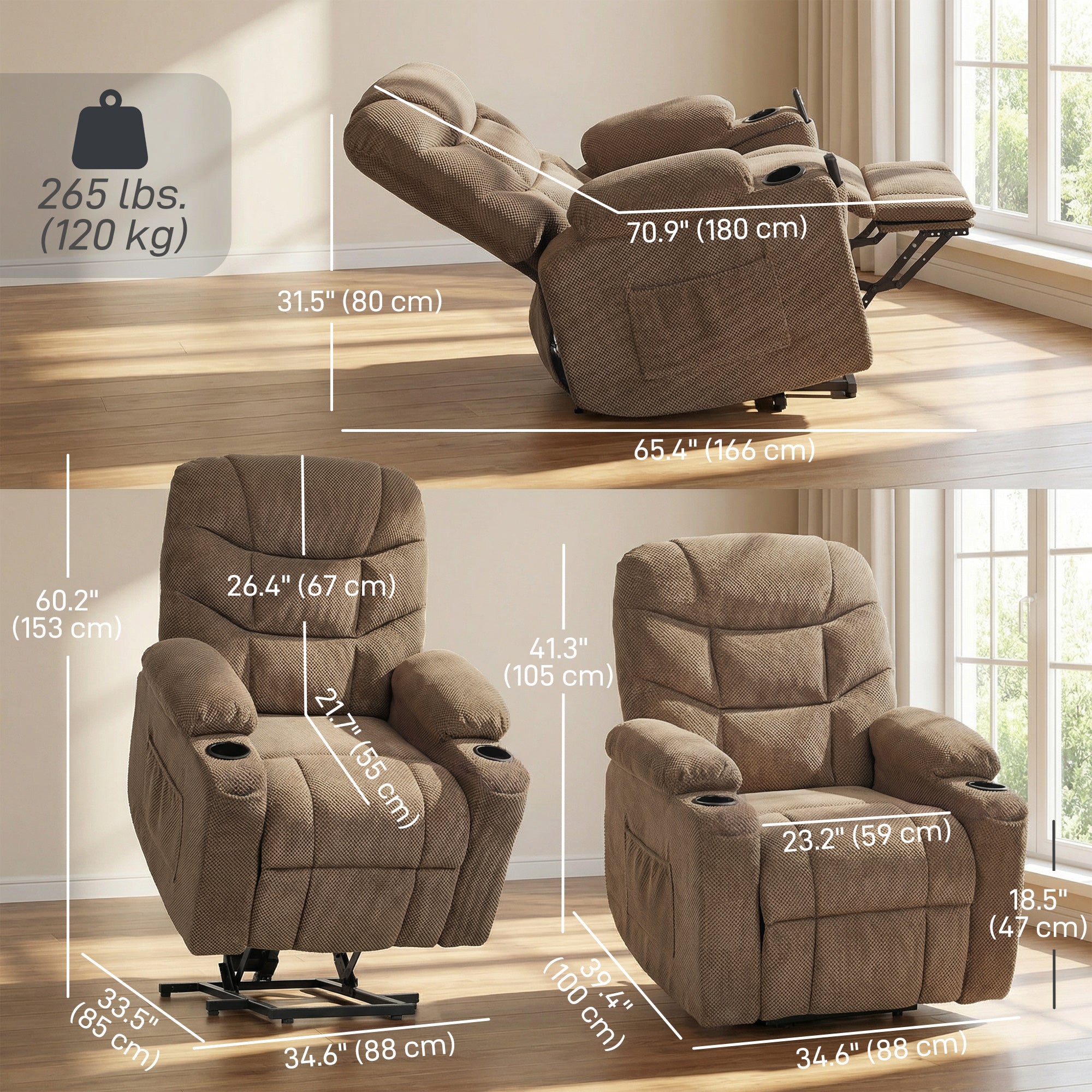 Power Lift Recliner Chair - Massage Brown-DECOROLALA