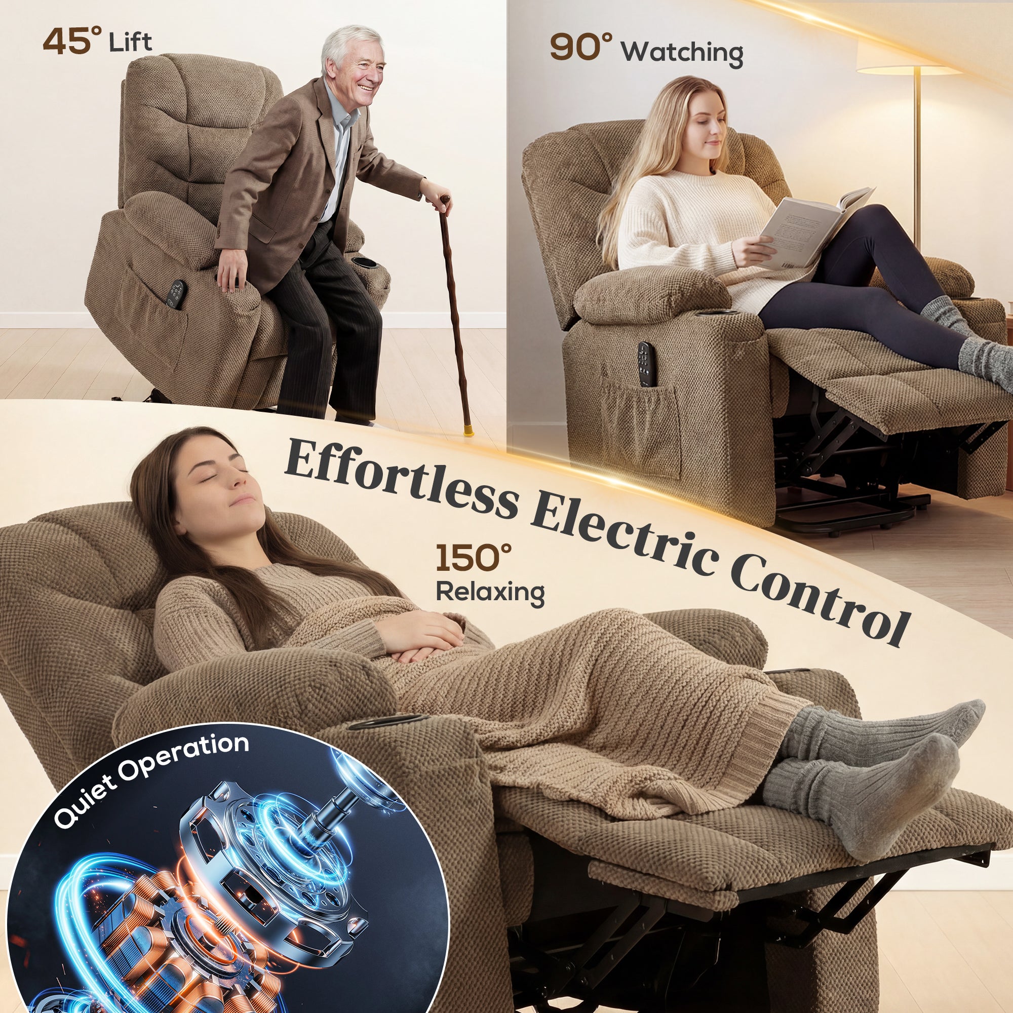 Power Lift Recliner Chair - Massage Brown-DECOROLALA