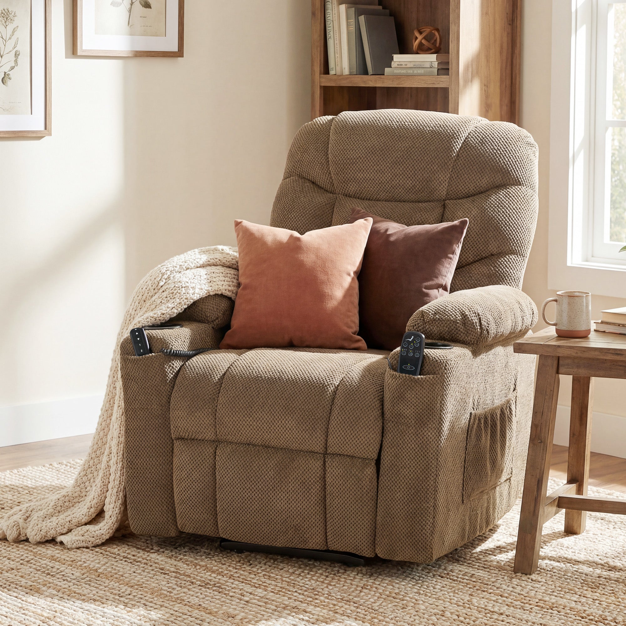 Power Lift Recliner Chair - Massage Brown-DECOROLALA