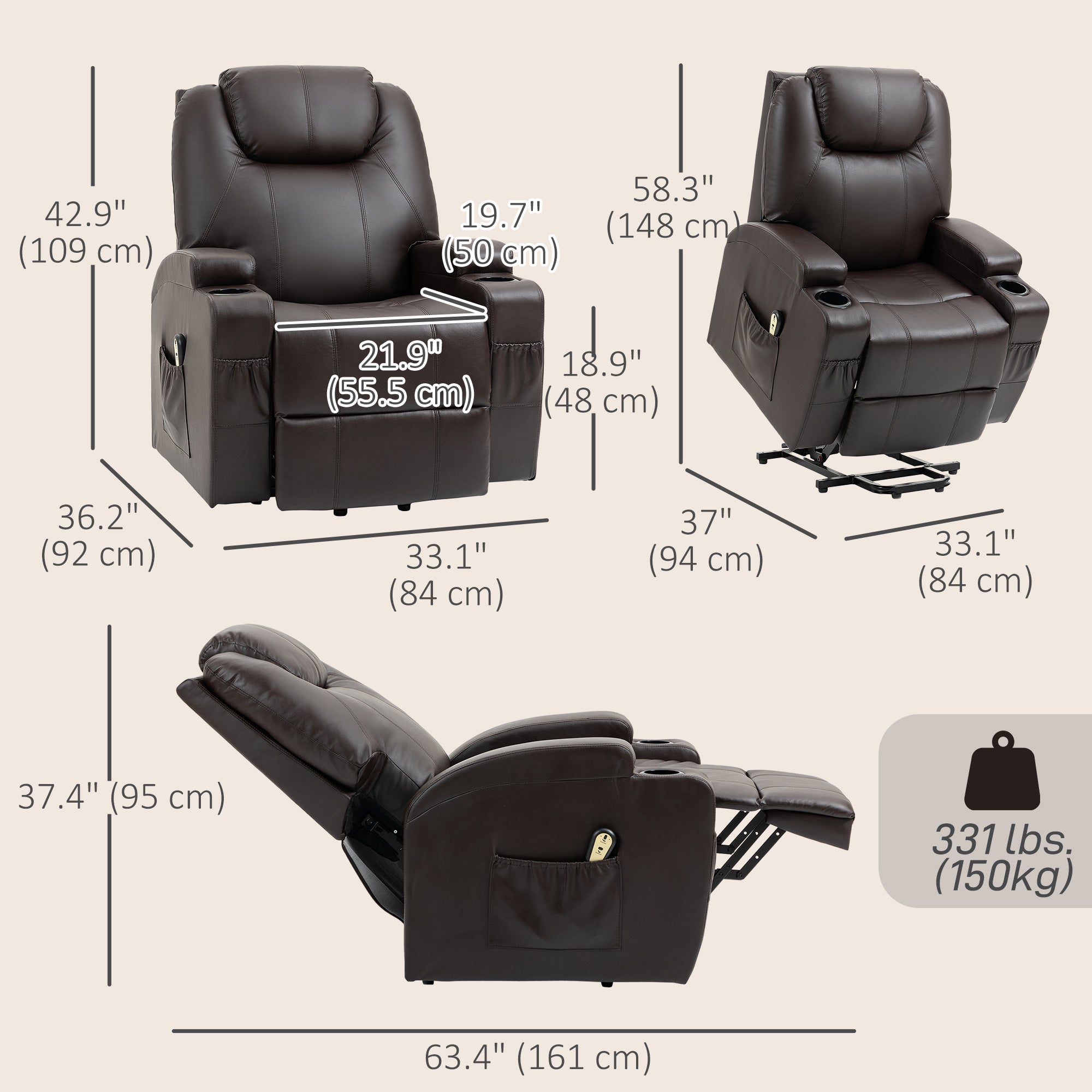 Power Lift Recliner Chair, PU Leather, Brown, Remote, Footrest, Pockets, 120kg Capacity-DECOROLALA