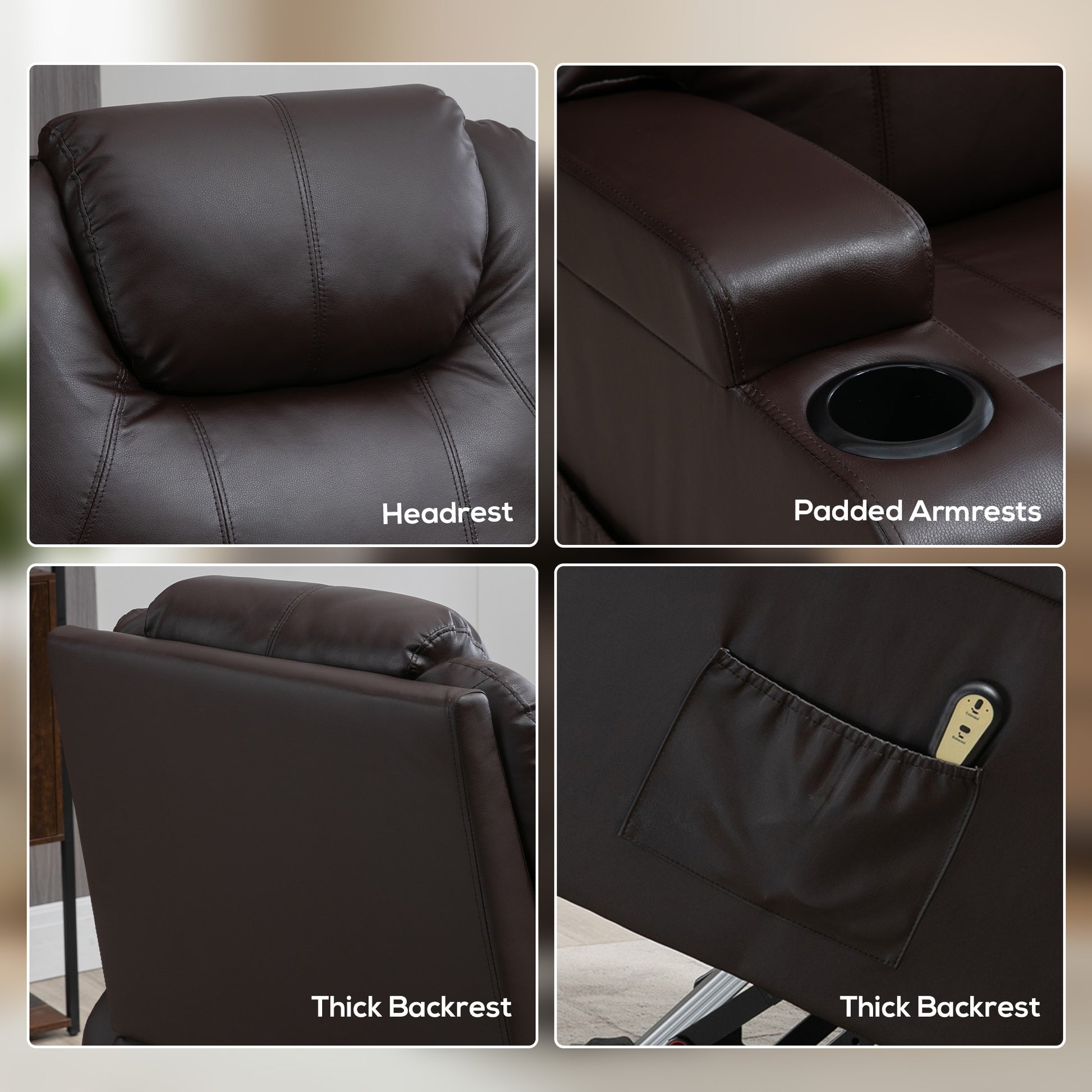 Power Lift Recliner Chair, PU Leather, Brown, Remote, Footrest, Pockets, 120kg Capacity-DECOROLALA