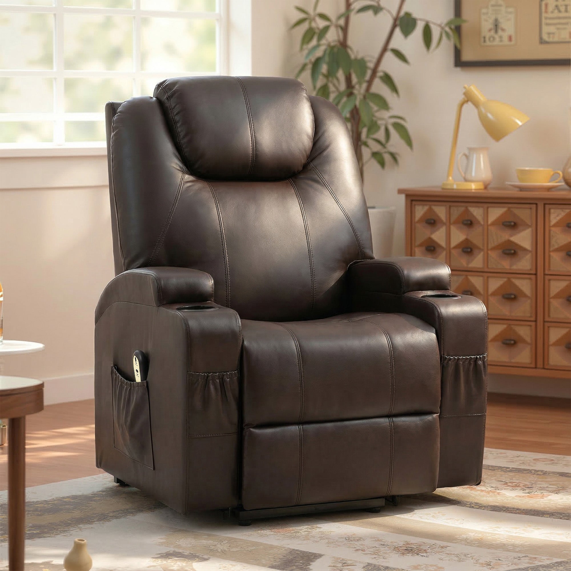 Power Lift Recliner Chair, PU Leather, Brown, Remote, Footrest, Pockets, 120kg Capacity-DECOROLALA