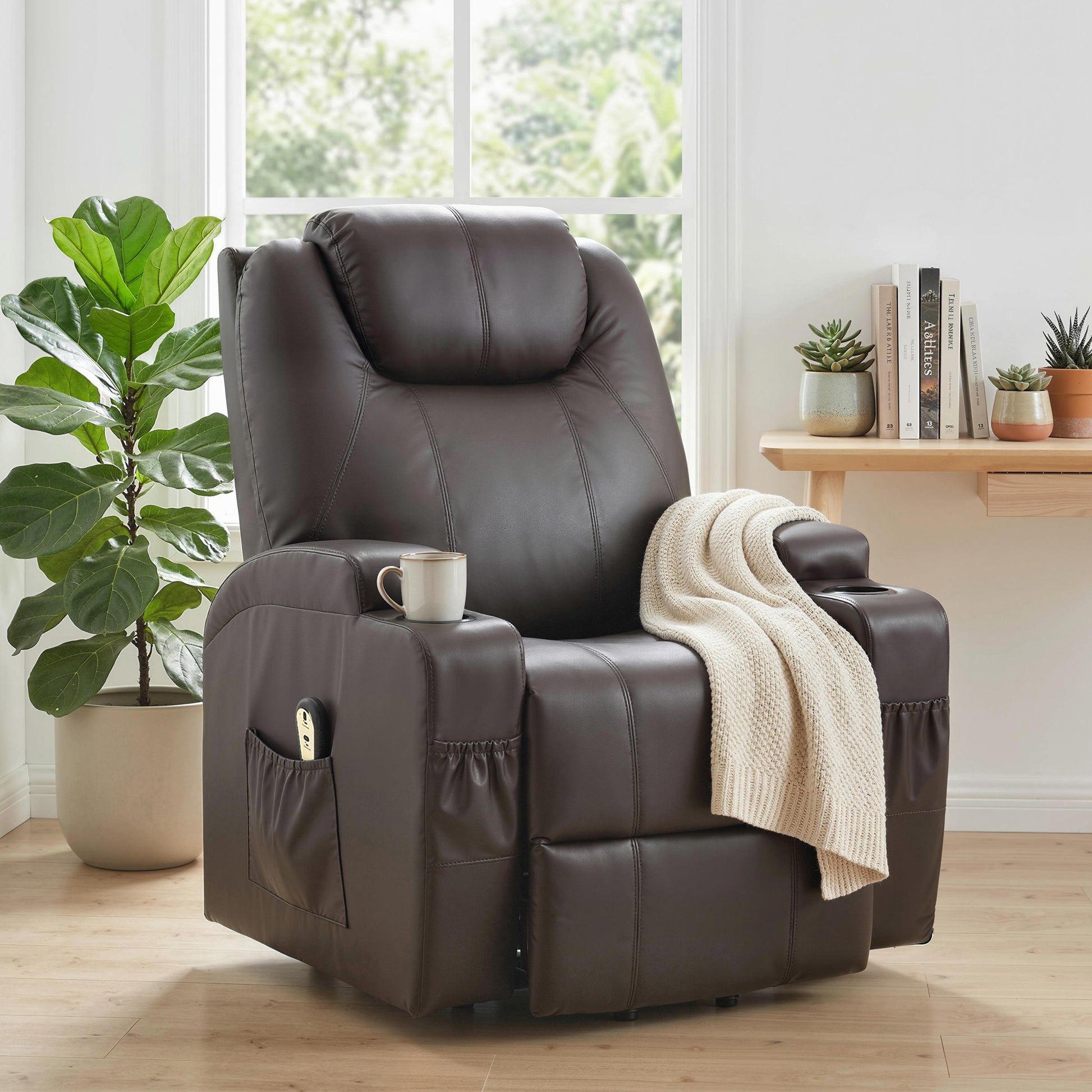 Power Lift Recliner Chair, PU Leather, Brown, Remote, Footrest, Pockets, 120kg Capacity-DECOROLALA