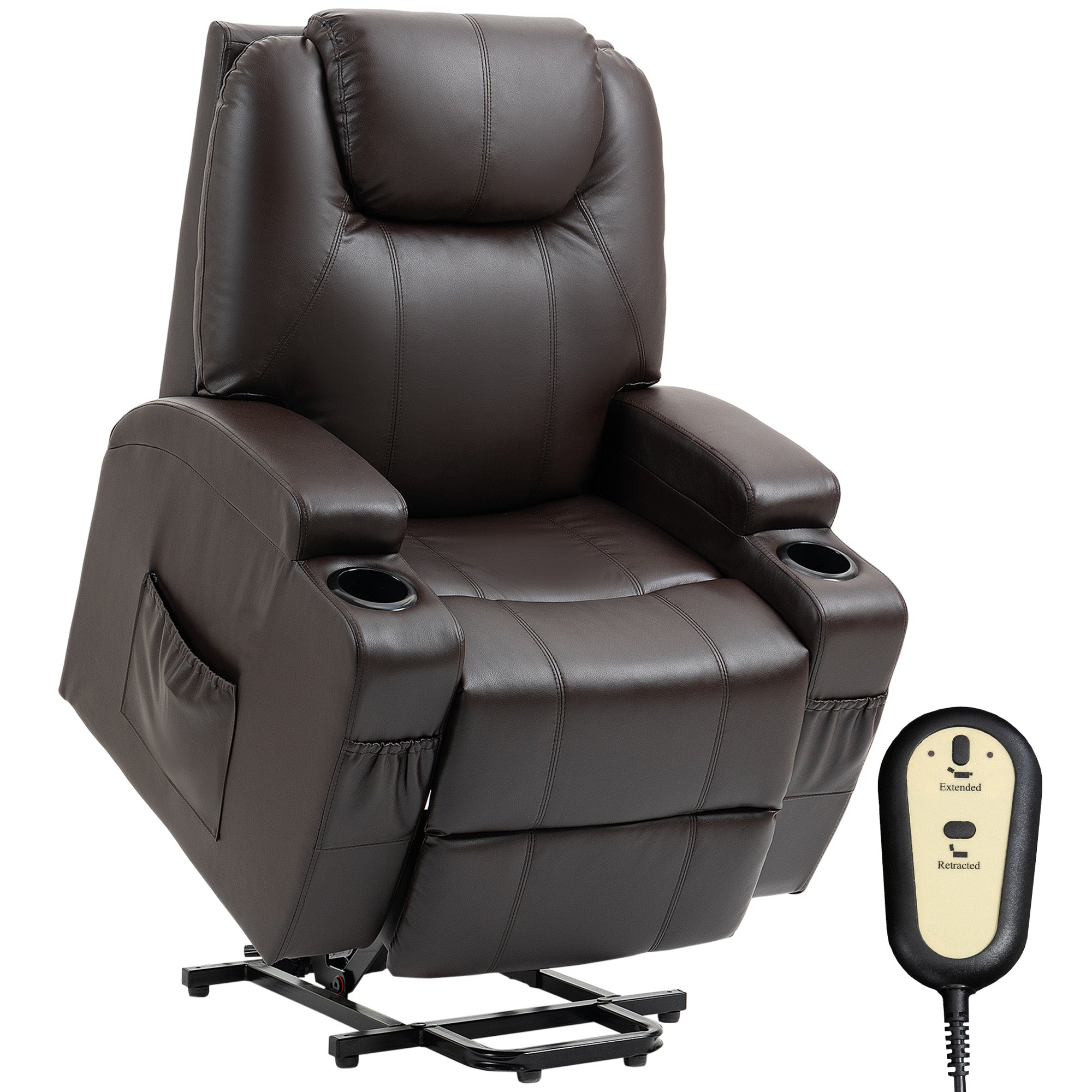 Power Lift Recliner Chair, PU Leather, Brown, Remote, Footrest, Pockets, 120kg Capacity-DECOROLALA