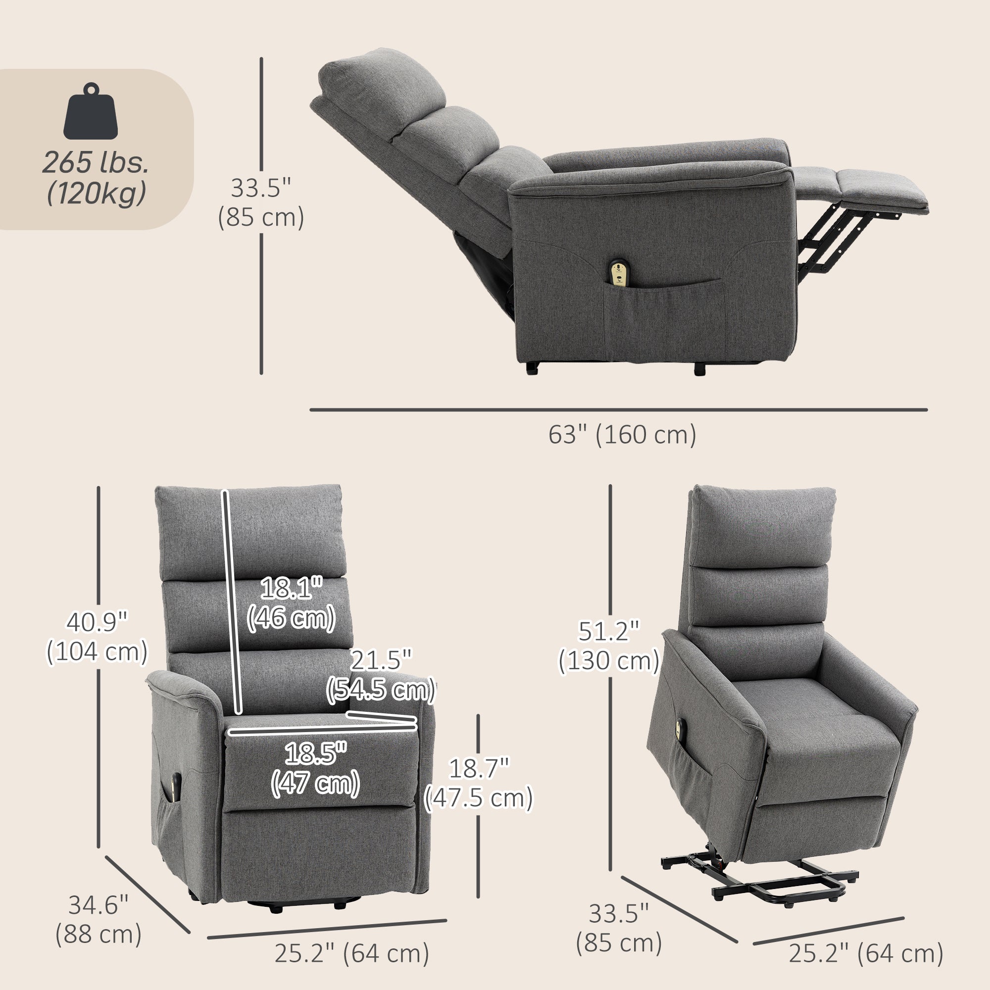 Power Lift Recliner Chair for Elderly, Dark Grey, Remote Control, Side Pockets-DECOROLALA