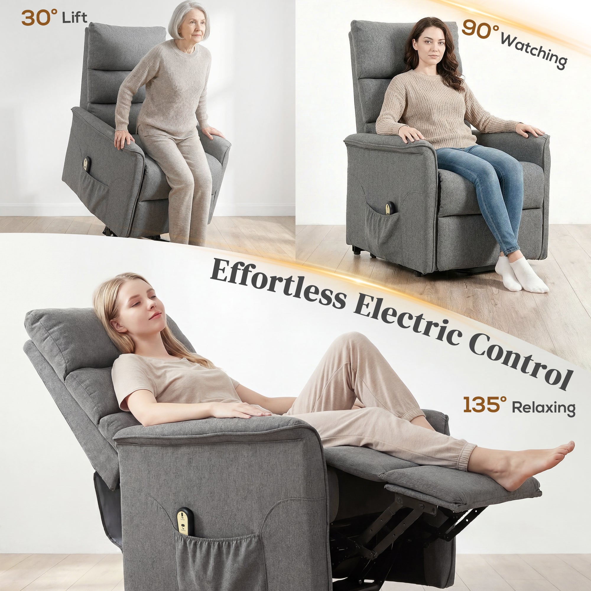 Power Lift Recliner Chair for Elderly, Dark Grey, Remote Control, Side Pockets-DECOROLALA