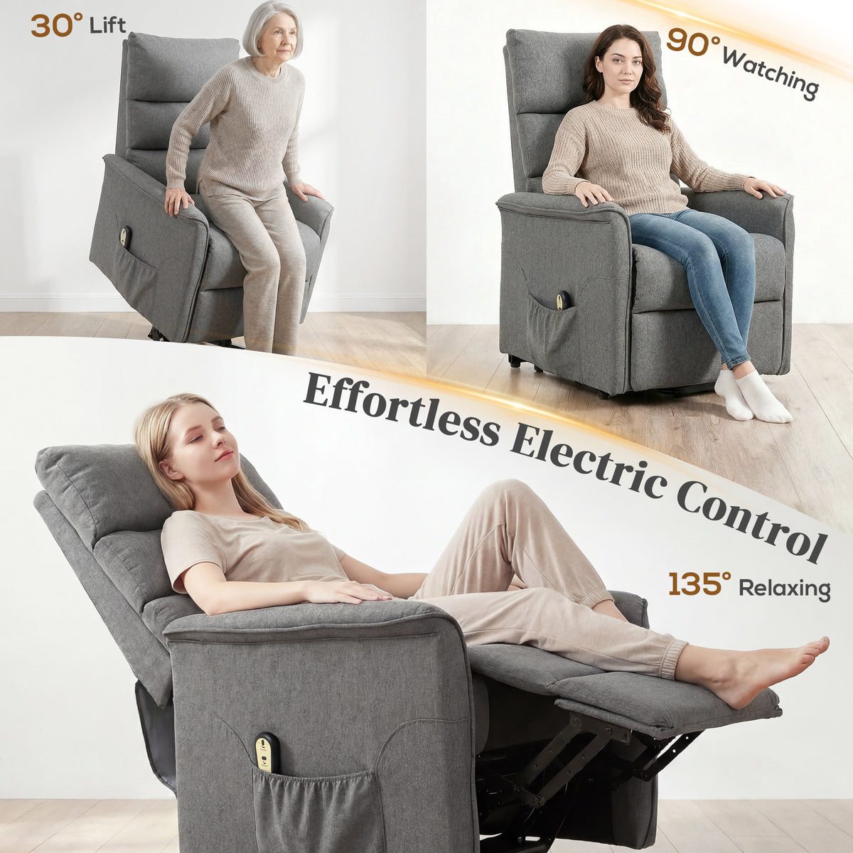 Power Lift Recliner Chair for Elderly, Dark Grey, Remote Control, Side Pockets-DECOROLALA