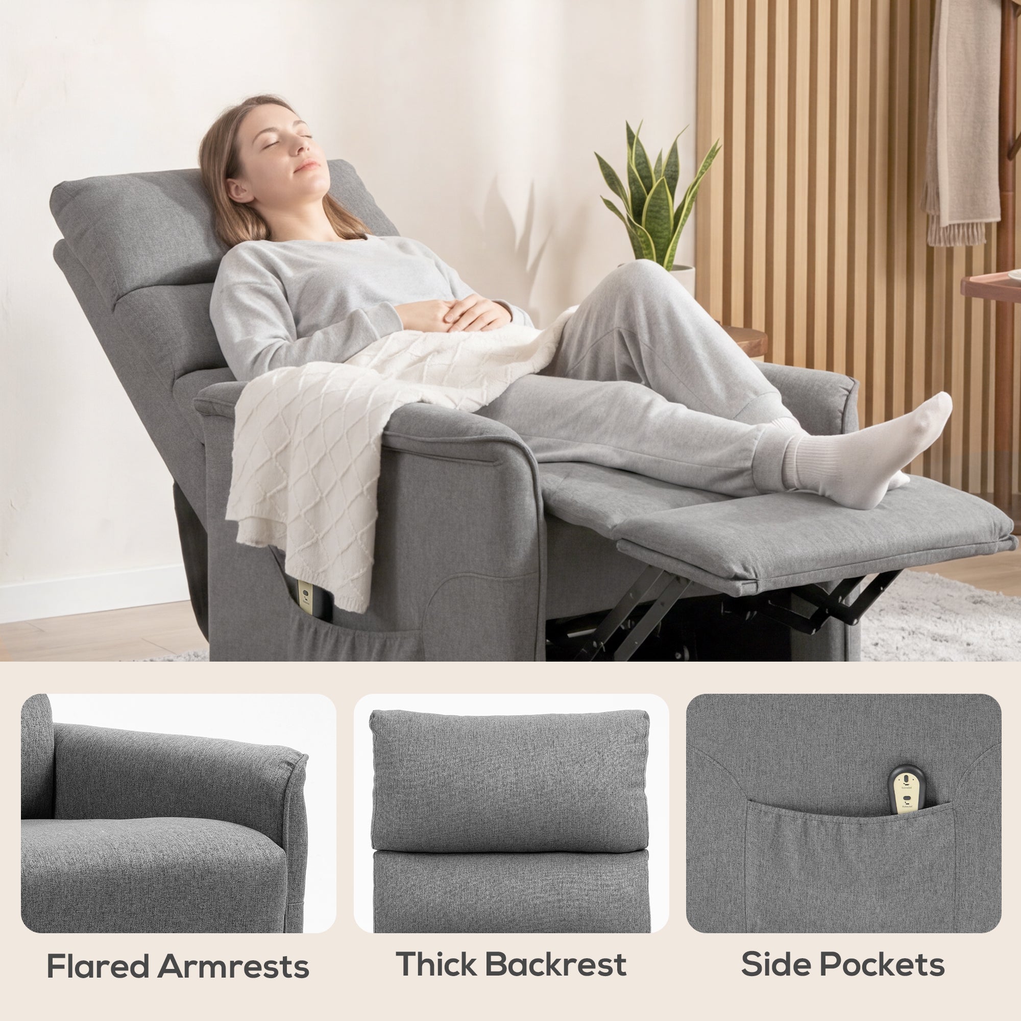 Power Lift Recliner Chair for Elderly, Dark Grey, Remote Control, Side Pockets-DECOROLALA