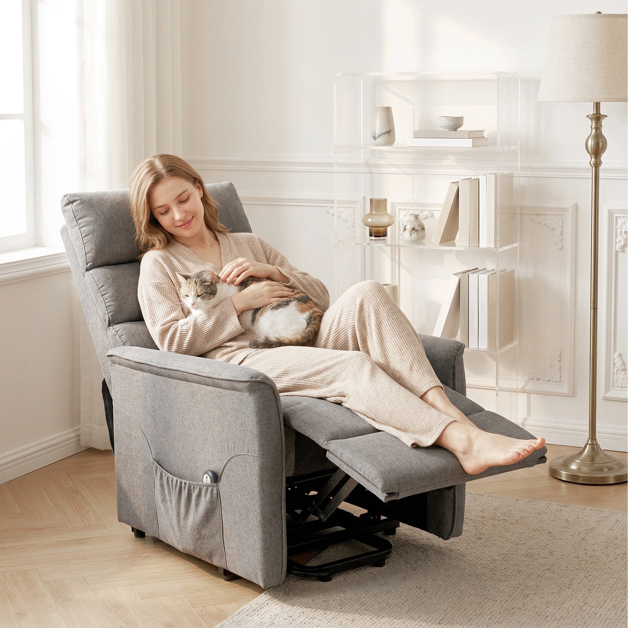 Power Lift Recliner Chair for Elderly, Dark Grey, Remote Control, Side Pockets-DECOROLALA