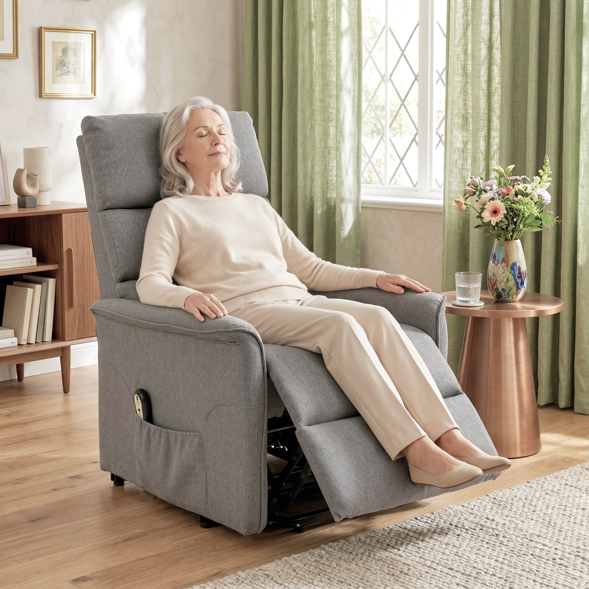 Power Lift Recliner Chair for Elderly, Dark Grey, Remote Control, Side Pockets-DECOROLALA