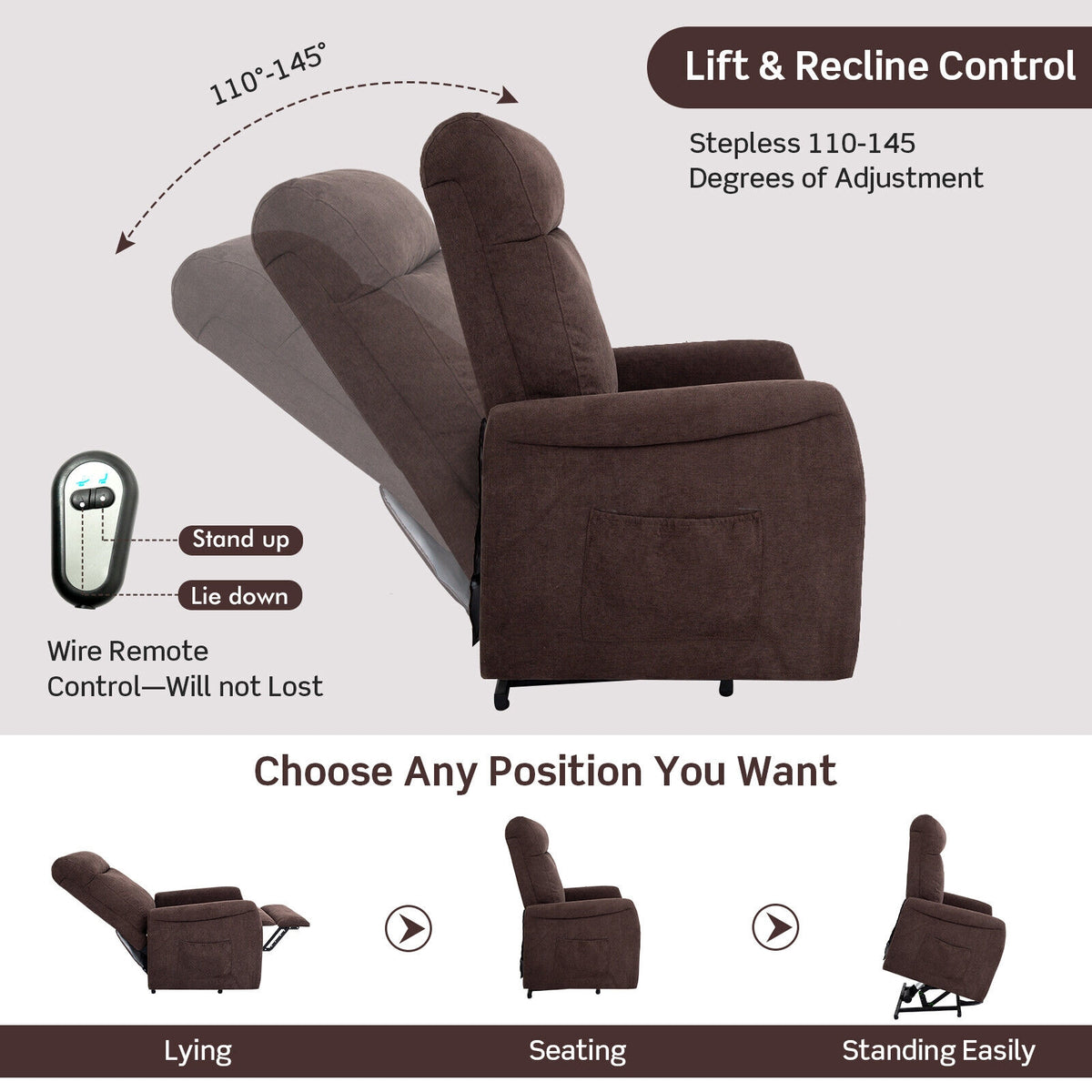 Power Lift Recliner Chair with Remote Control for Elderly-Brown-Recliners-DECOROLALA