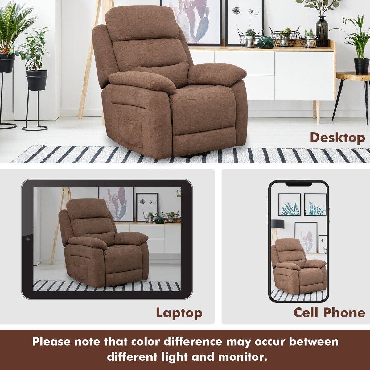 Power Lift Recliner Sofa with Side Pocket and Remote Control-Brown-Recliners-DECOROLALA